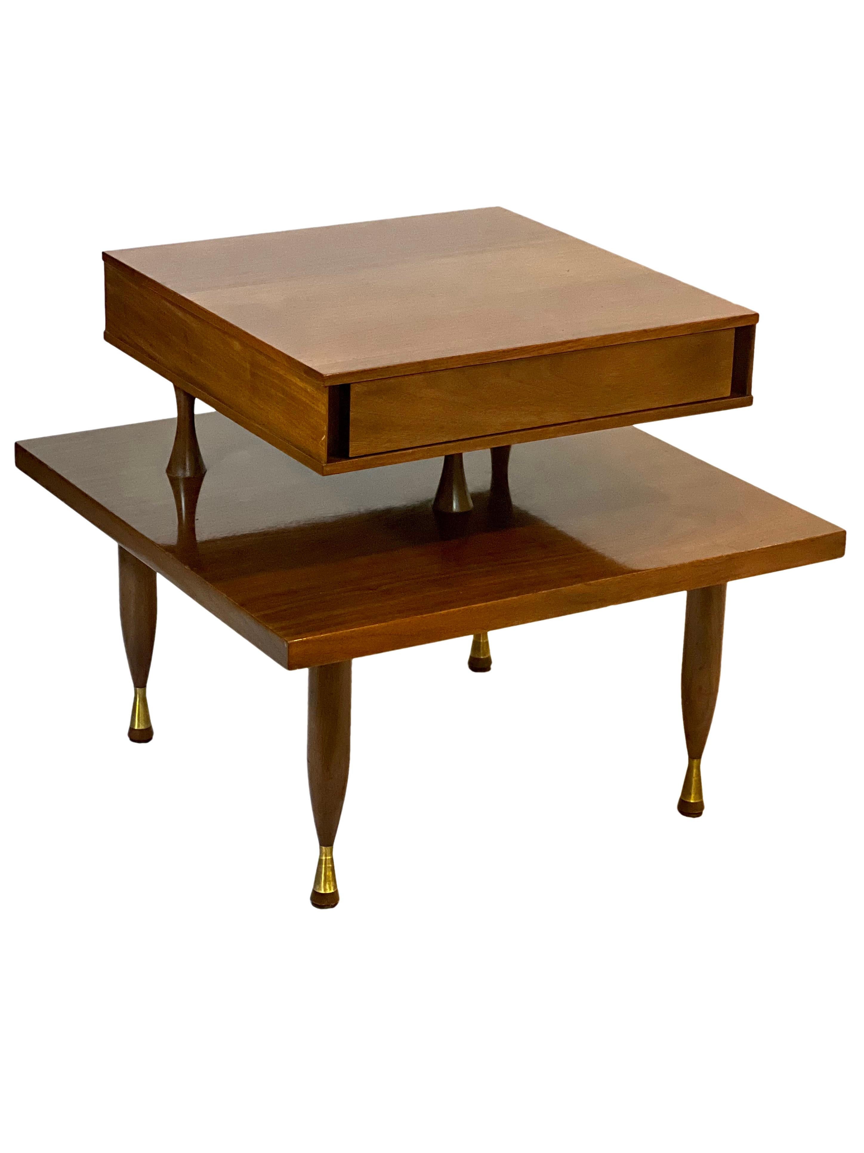 Vintage Widdicomb Style Walnut Floating Two Tier Side Table  In Good Condition For Sale In Doylestown, PA