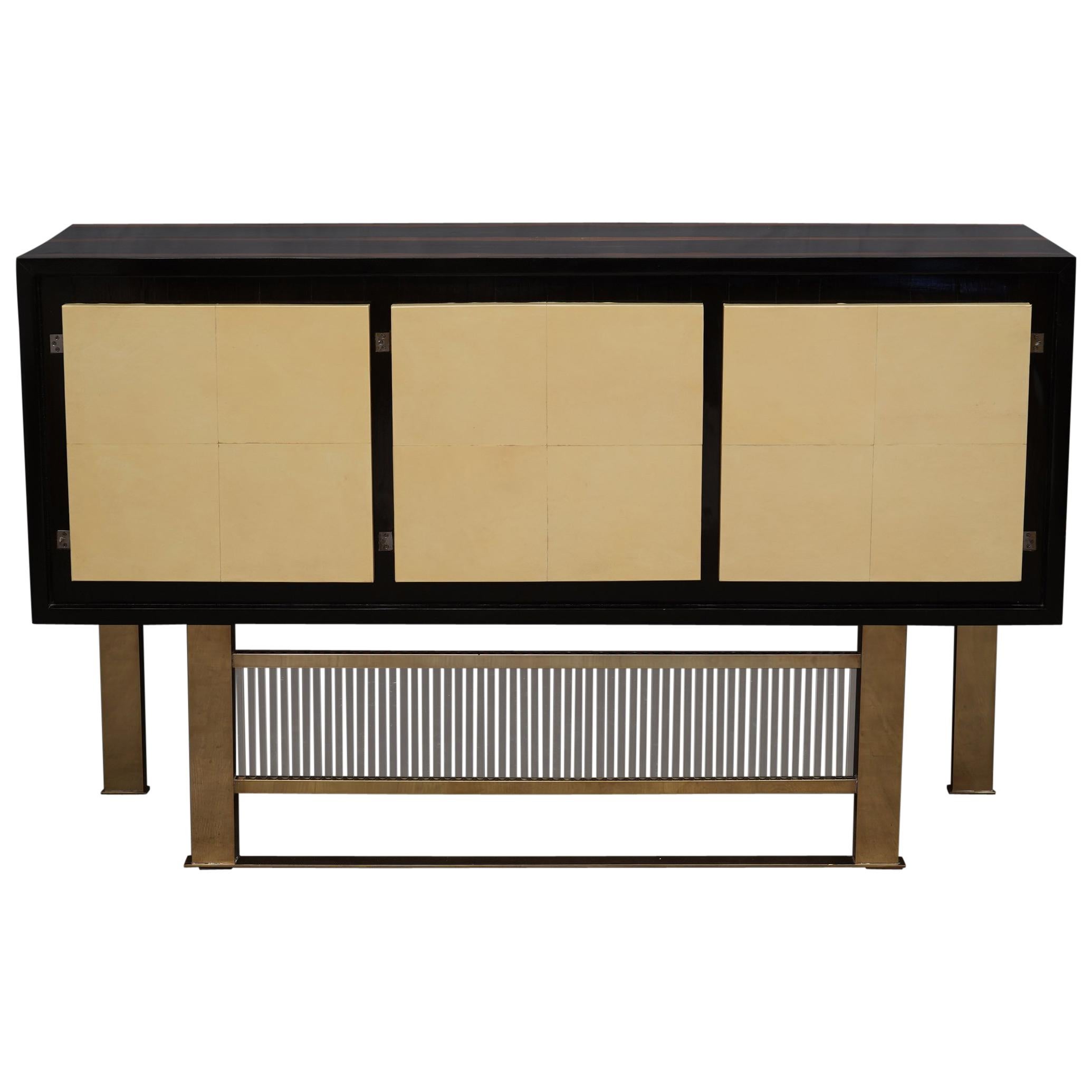 Midcentury Walnut Goat Skin Brass and Glass Italian Sideboards, 1950