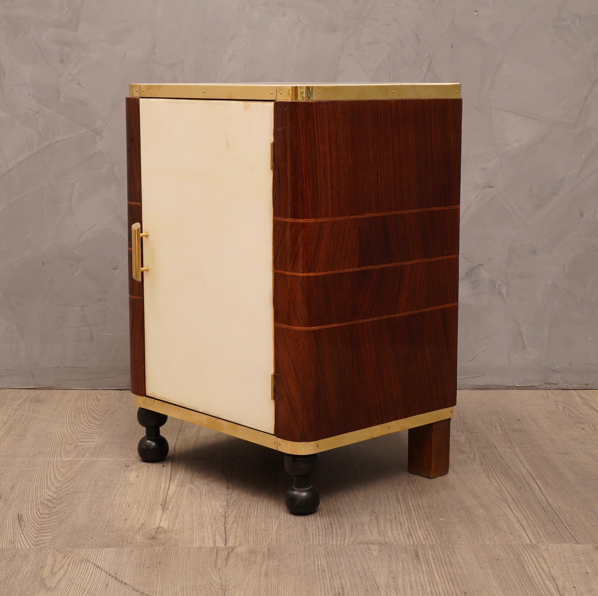 Midcentury Walnut Goatskin and Brass Bedroom Side Table Nightstands, 1950 For Sale 1