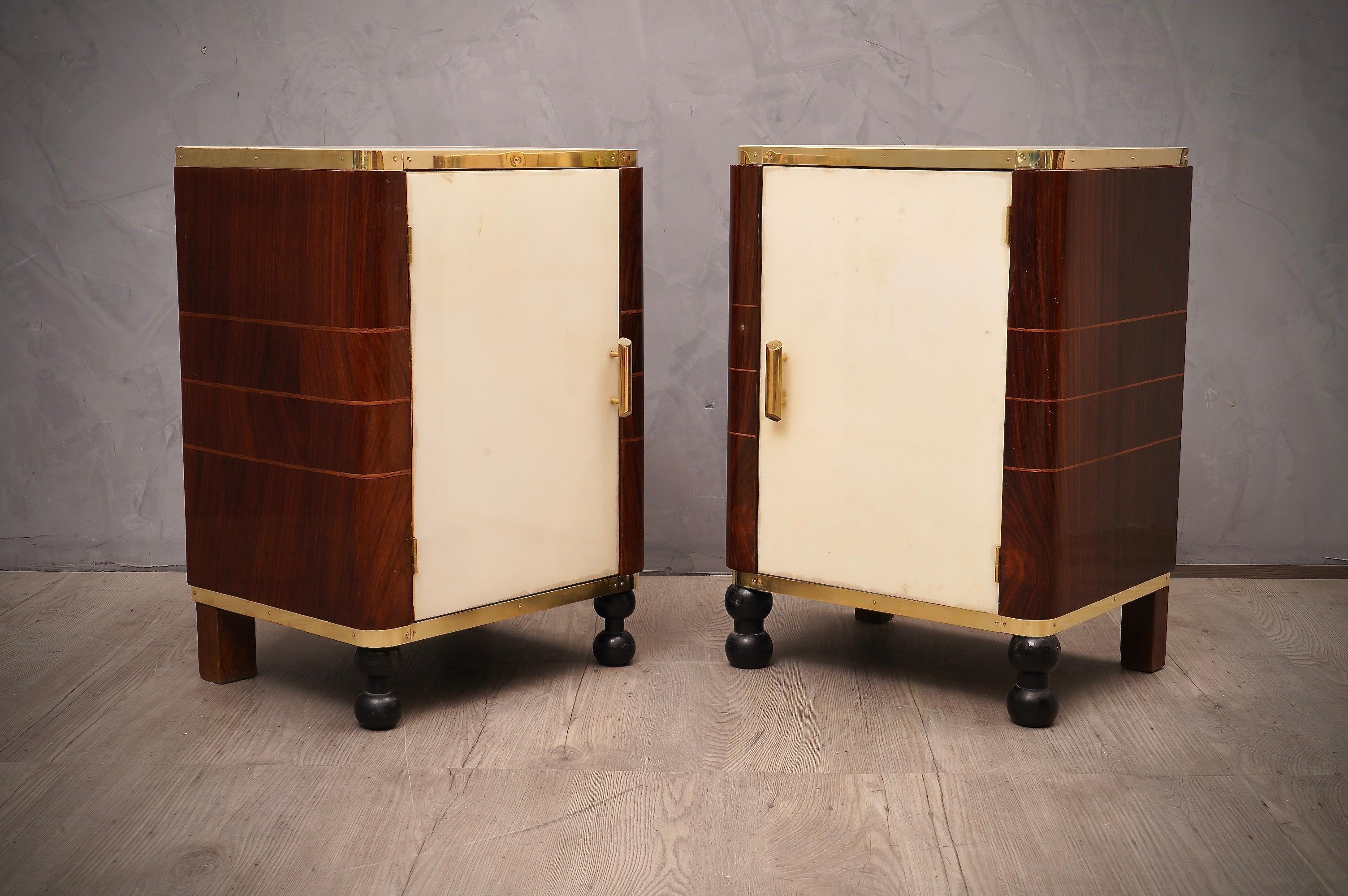 Midcentury Walnut Goatskin and Brass Bedroom Side Table Nightstands, 1950 For Sale 2