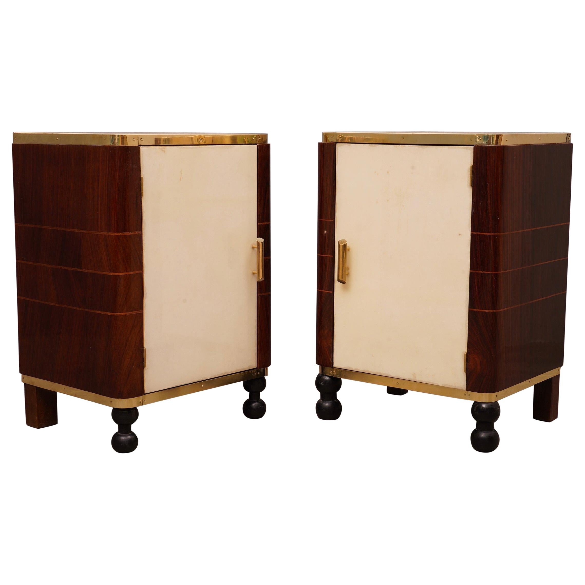 Midcentury Walnut Goatskin and Brass Bedroom Side Table Nightstands, 1950