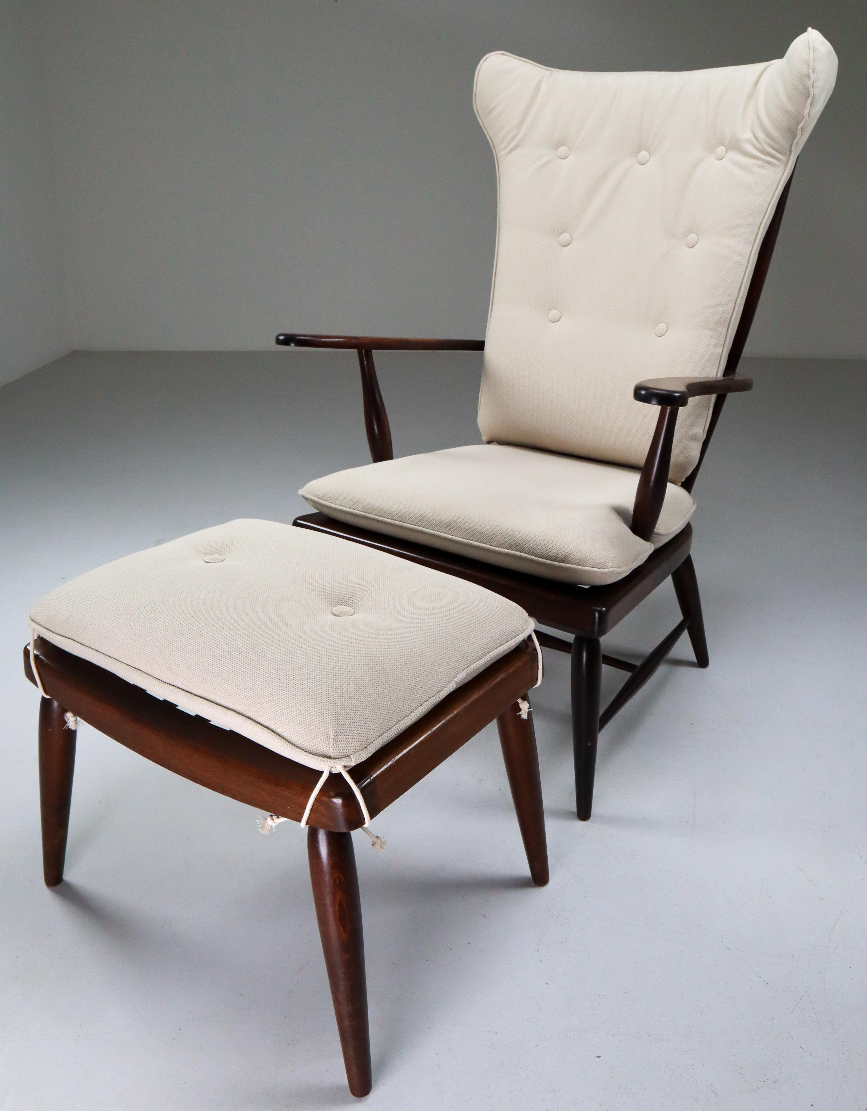 Midcentury Walnut High-Back Armchair and Ottoman by Anna-Lülja Praun In Good Condition In Almelo, NL