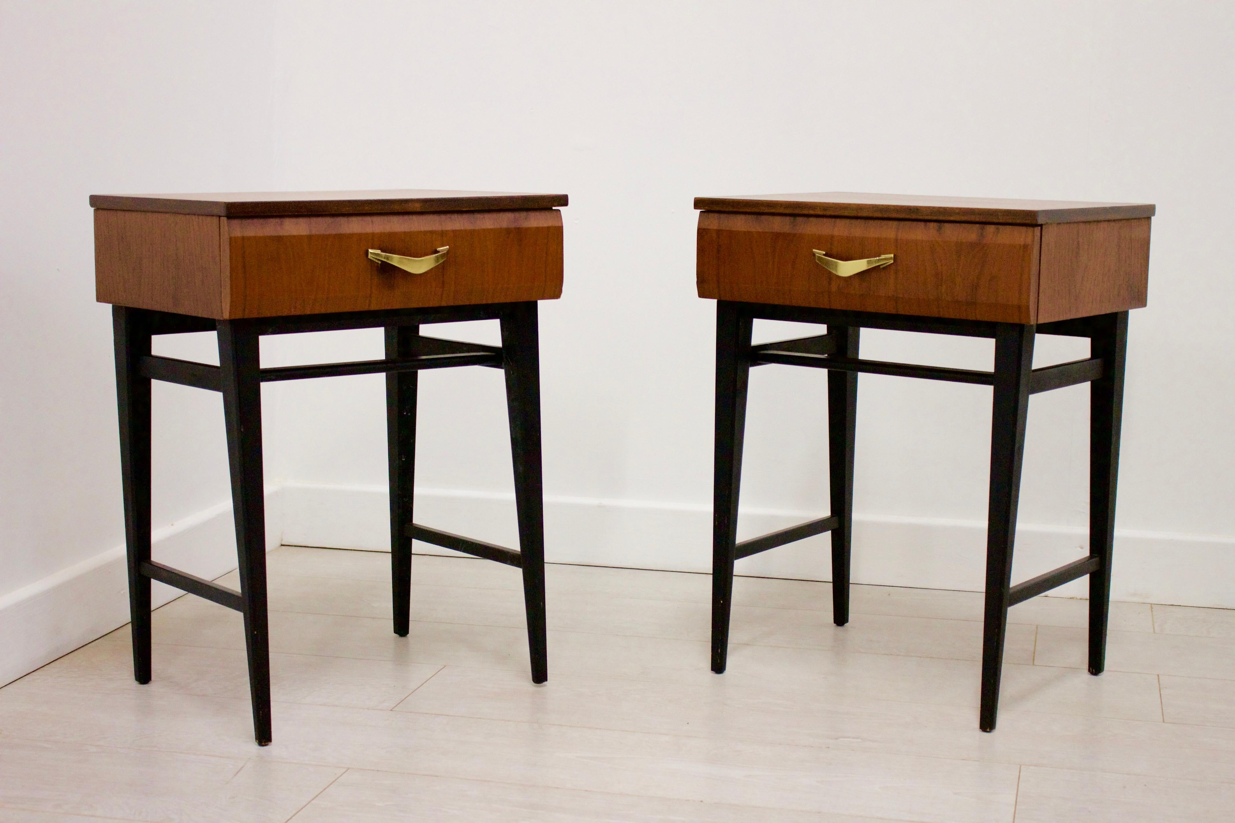 Mid-Century Modern Midcentury Walnut Meredew Italian Influenced Bedside Cabinet Tables, Set of 2
