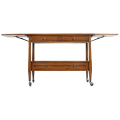 Midcentury Walnut Mosaic Tile Brass Accent Bar Cart Server Buffet by White