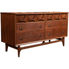 Midcentury Walnut Six-Drawer Dresser with Sculpted Legs and Brass Handles Brazil