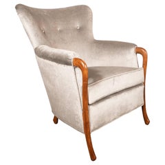 Midcentury Walnut Stained Birch Button Back Chair in Smoked Platinum Velvet