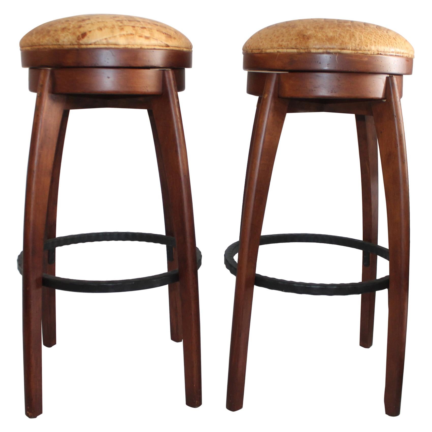 Midcentury Walnut Swivel Leather Seat Bar Stools, 2