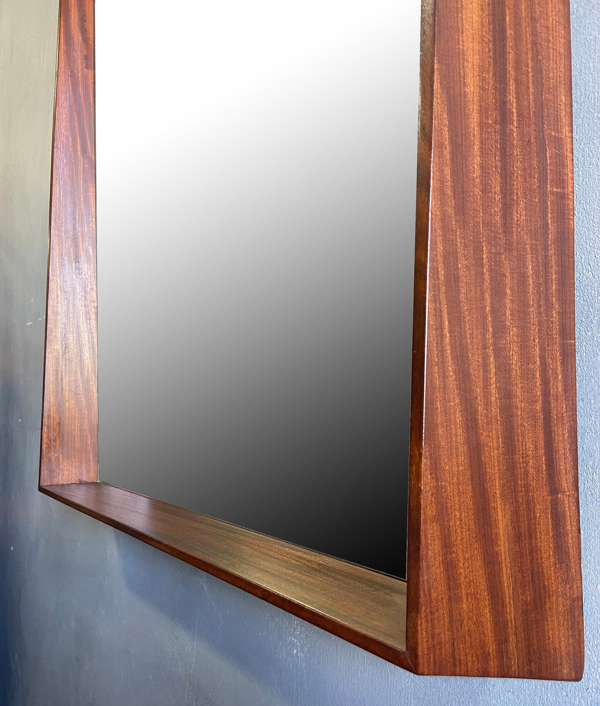 20th Century Midcentury Walnut Wall Mirror with Bottom Ledge For Sale