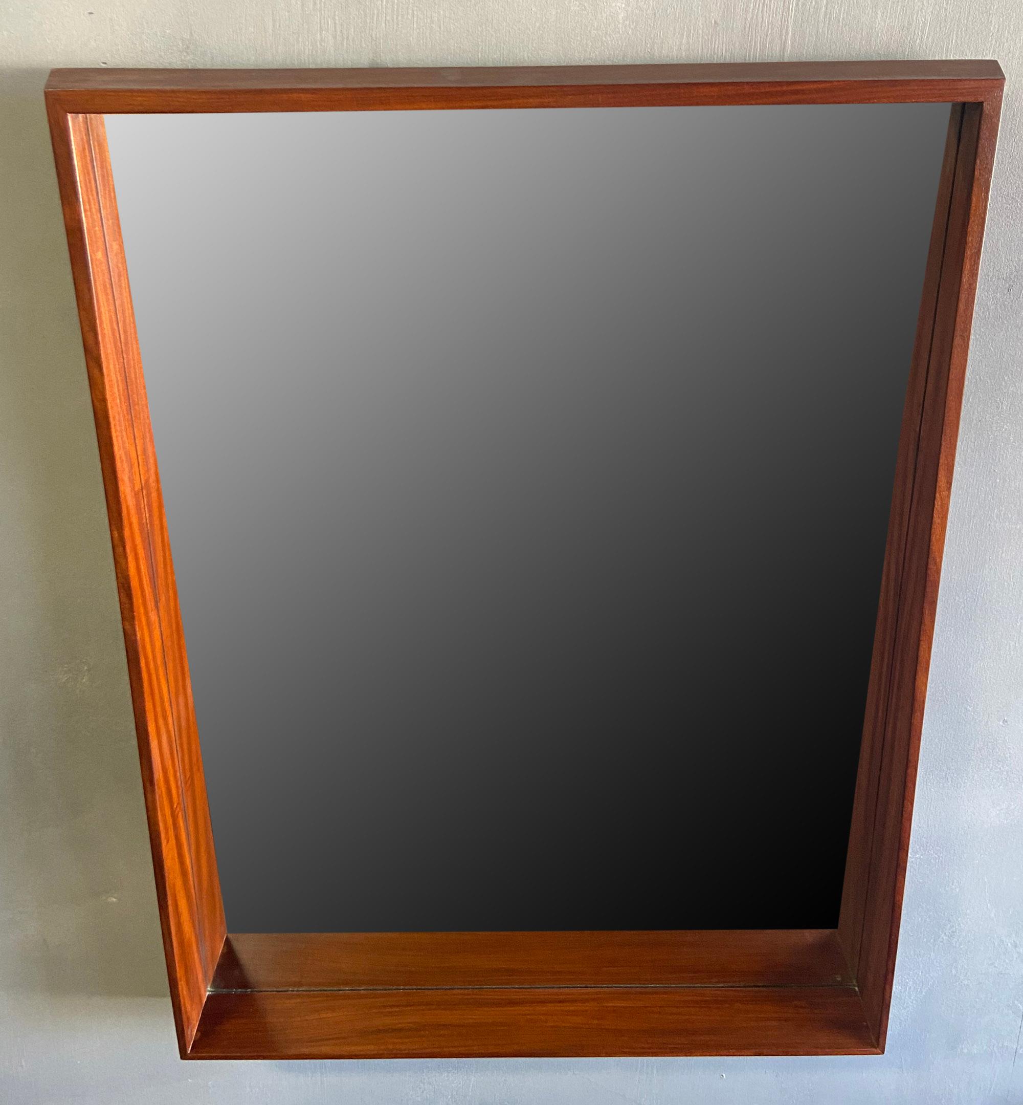 Midcentury Walnut Wall Mirror with Bottom Ledge For Sale