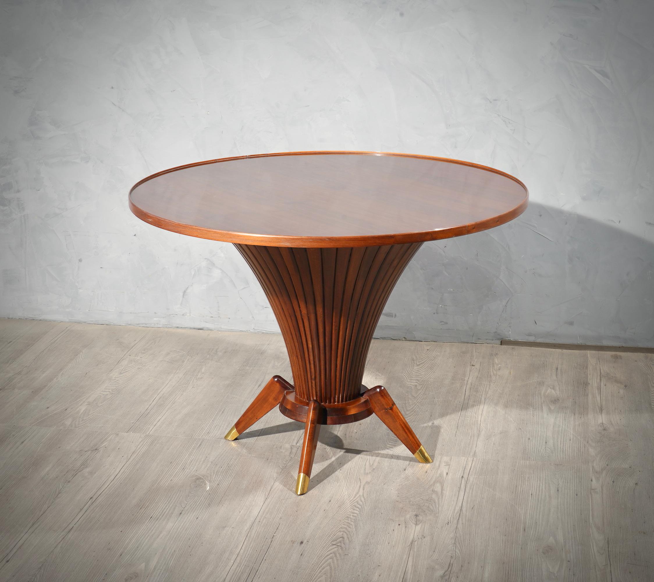 Mid-Century Modern Midcentury Walnut Wood and Brass Italian Center Table, 1950