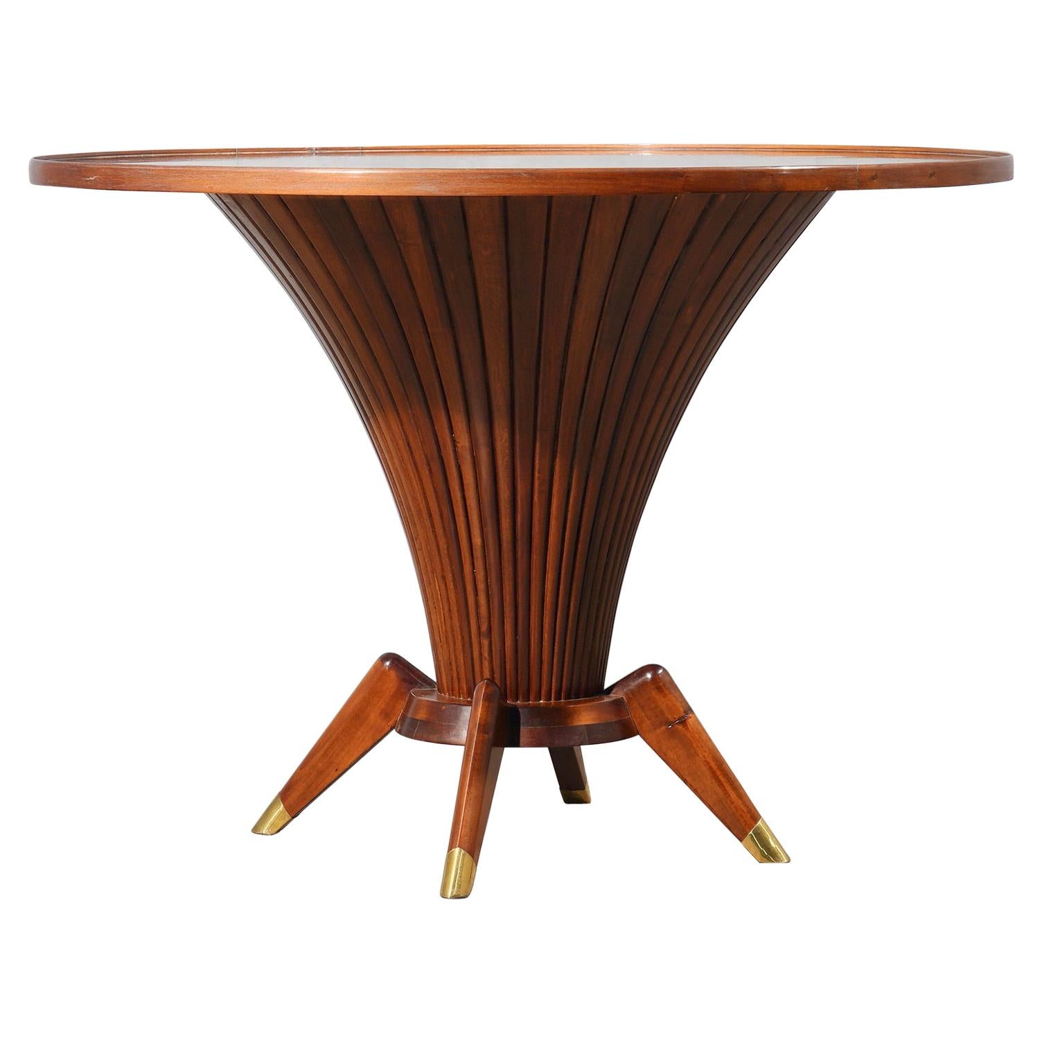 Midcentury Walnut Wood and Brass Italian Center Table, 1950