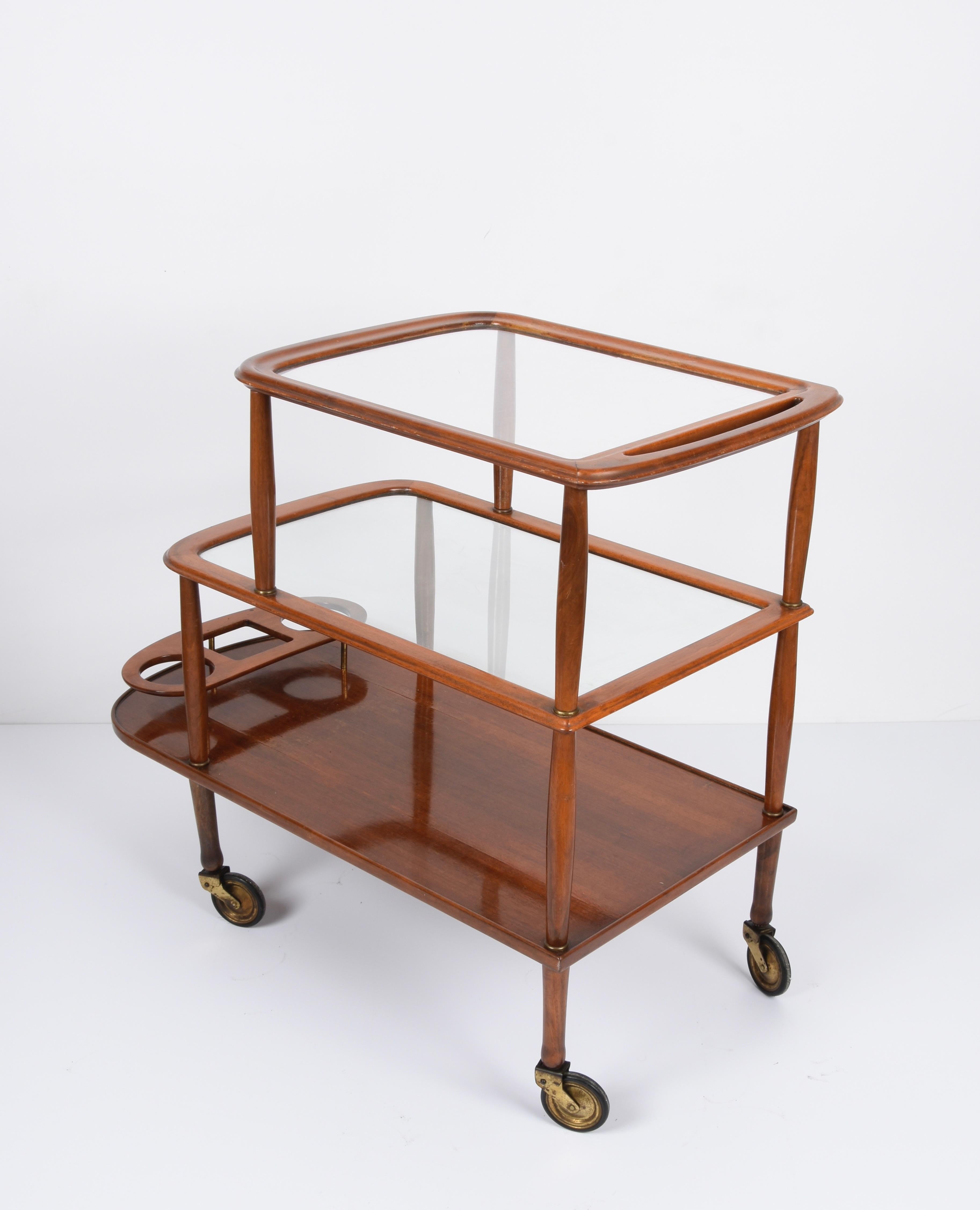 Midcentury Walnut Wood and Glass Italian Bar Cart Attributed to Lacca, 1950s 5