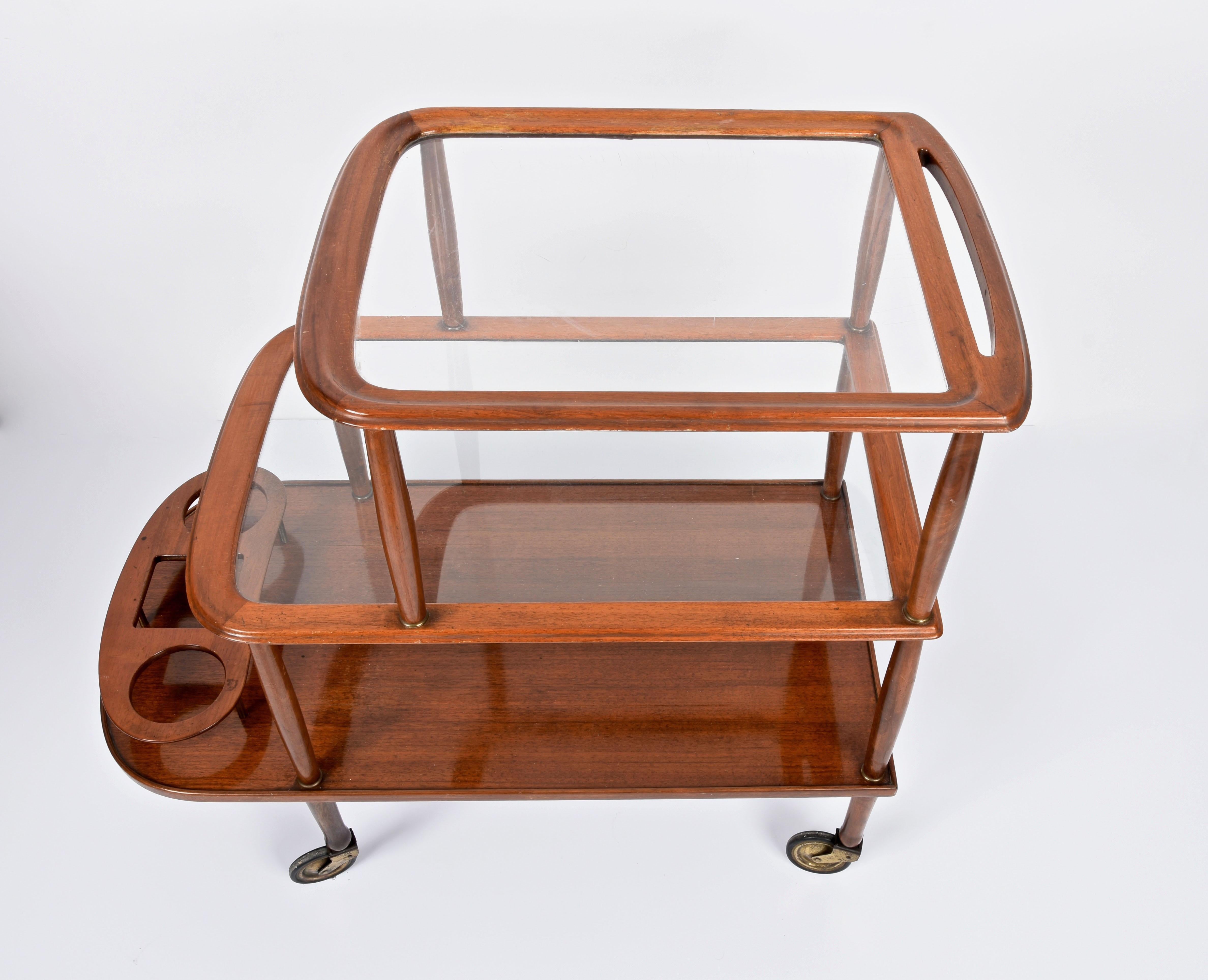 Midcentury Walnut Wood and Glass Italian Bar Cart Attributed to Lacca, 1950s 6