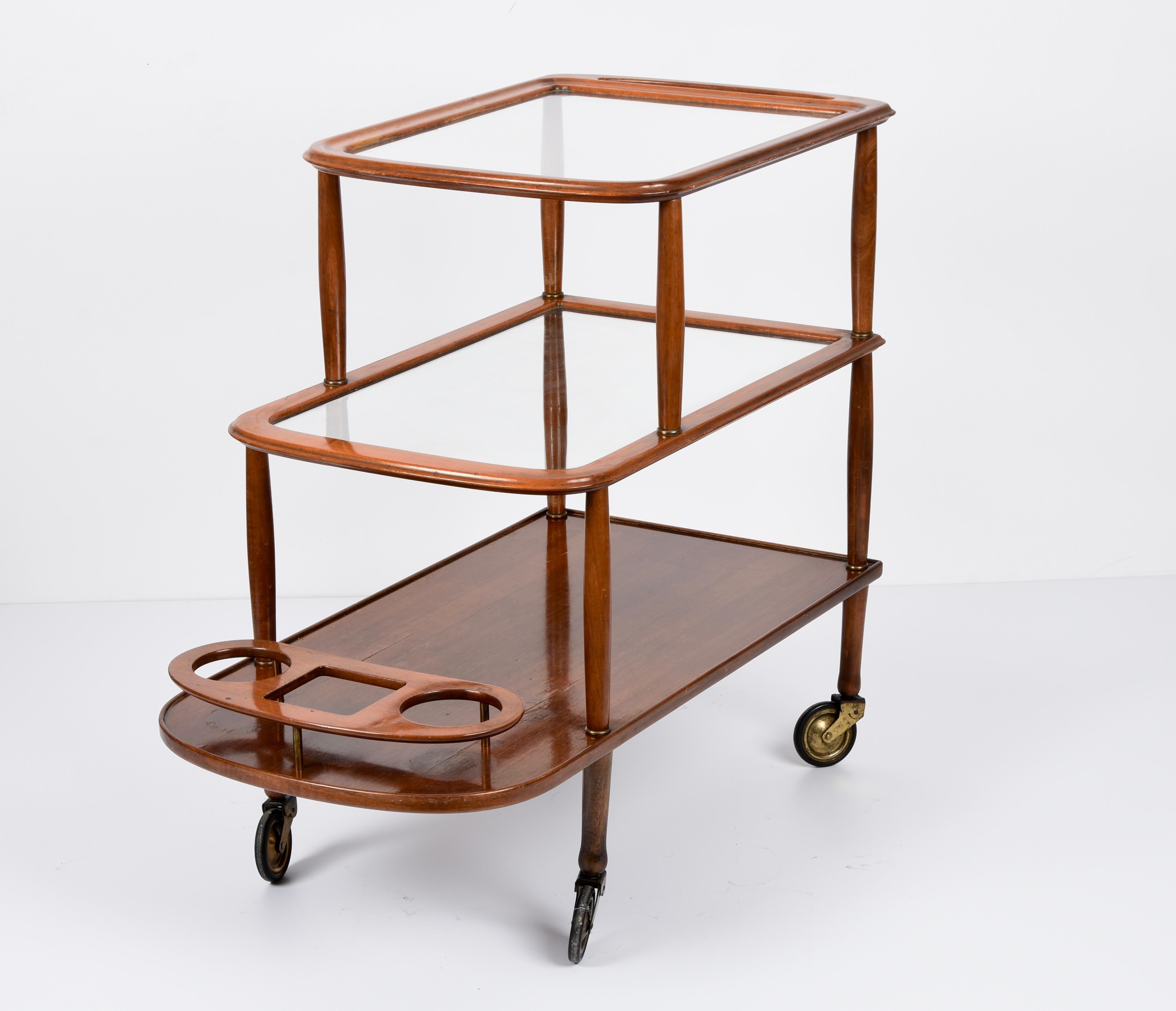 Midcentury Walnut Wood and Glass Italian Bar Cart Attributed to Lacca, 1950s 7