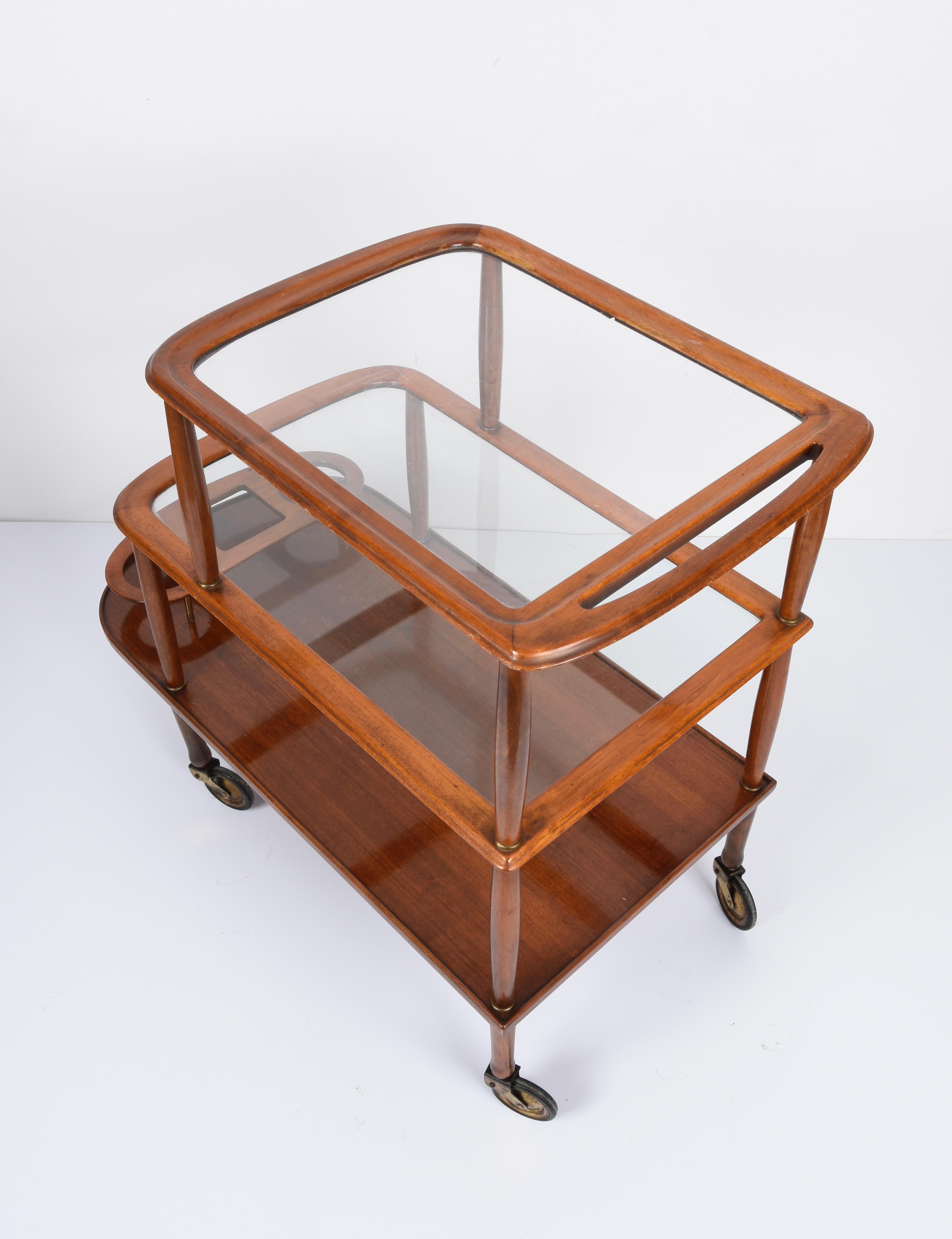 Midcentury Walnut Wood and Glass Italian Bar Cart Attributed to Lacca, 1950s 8