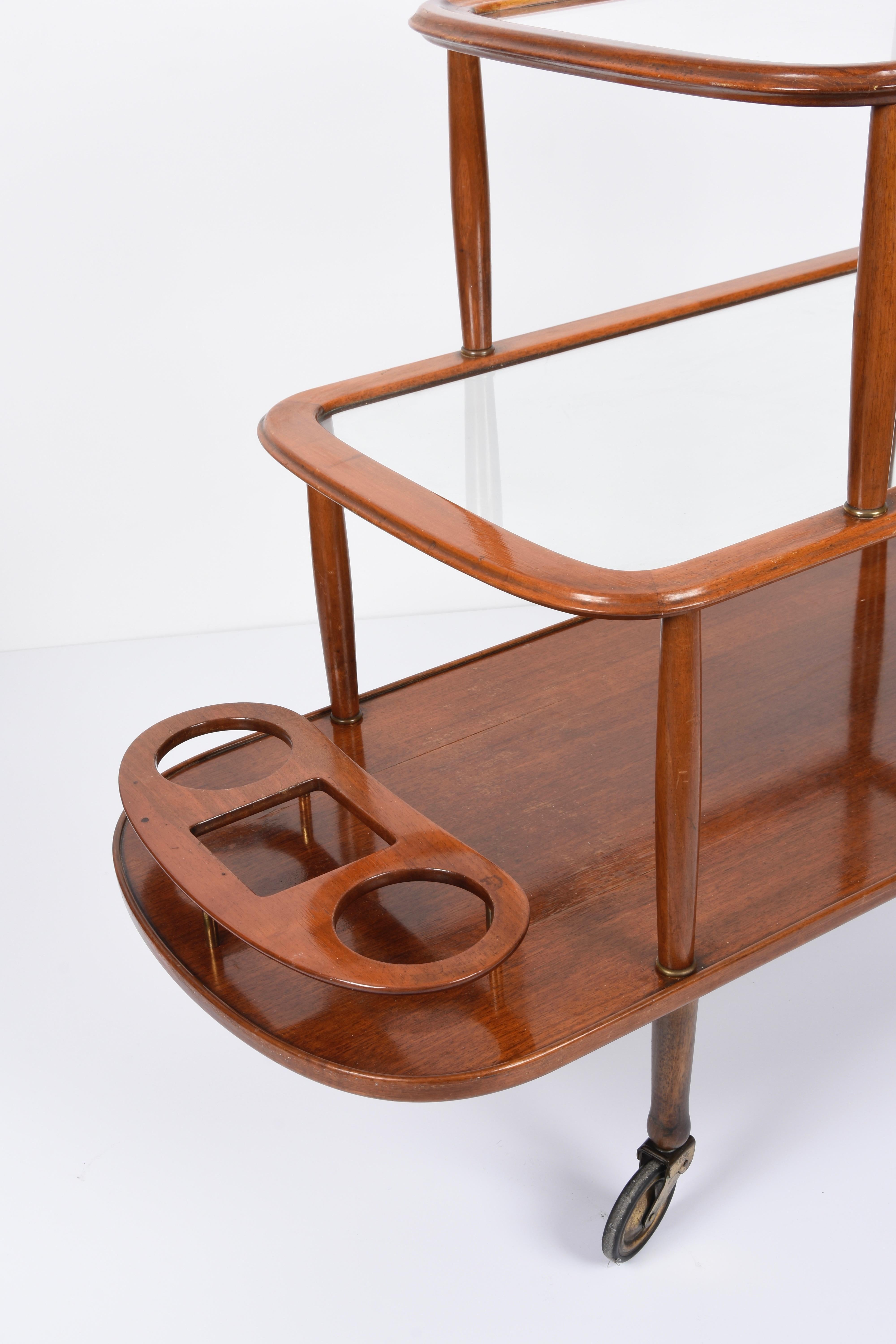 Midcentury Walnut Wood and Glass Italian Bar Cart Attributed to Lacca, 1950s 9