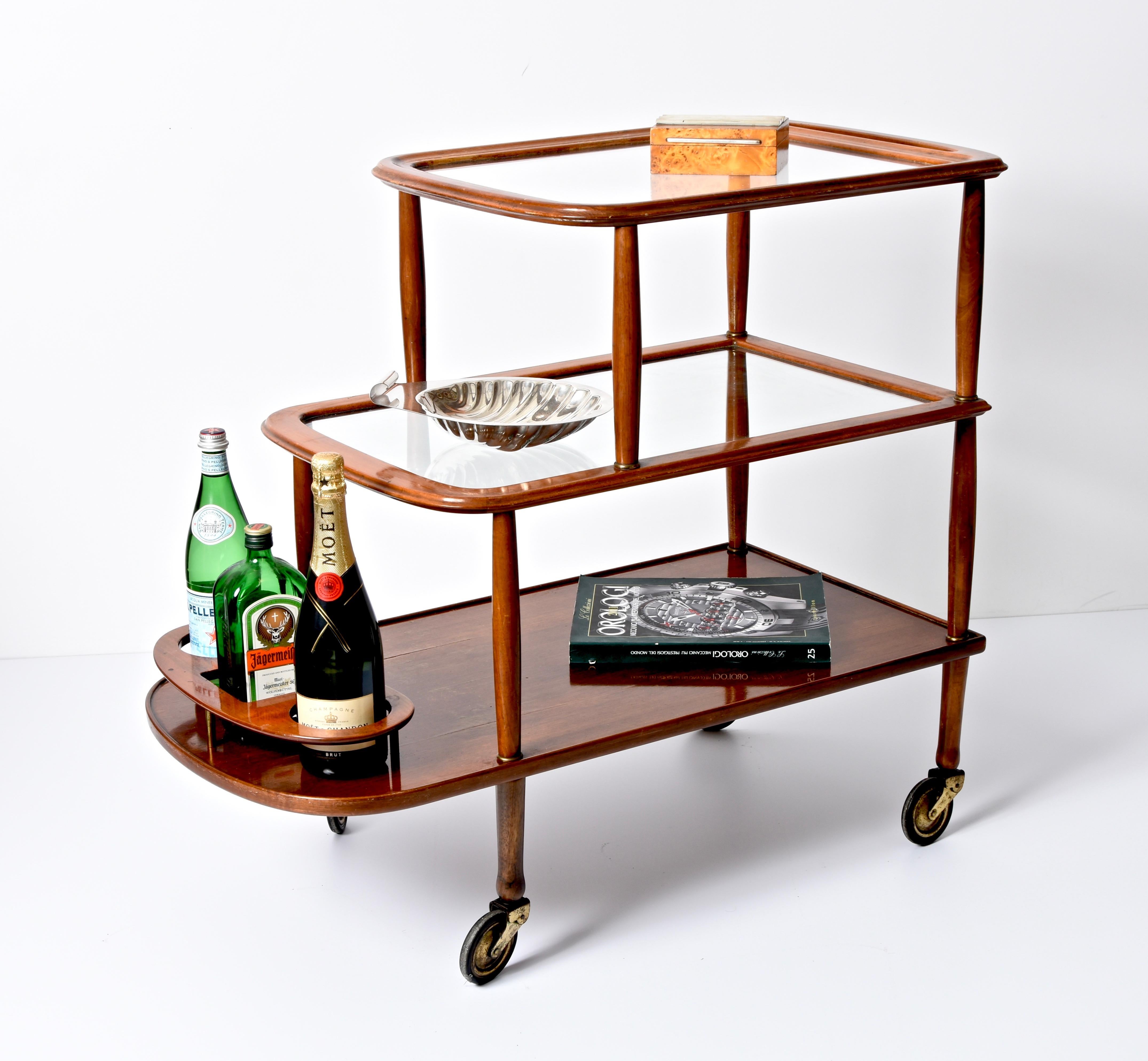 Midcentury Walnut Wood and Glass Italian Bar Cart Attributed to Lacca, 1950s 10