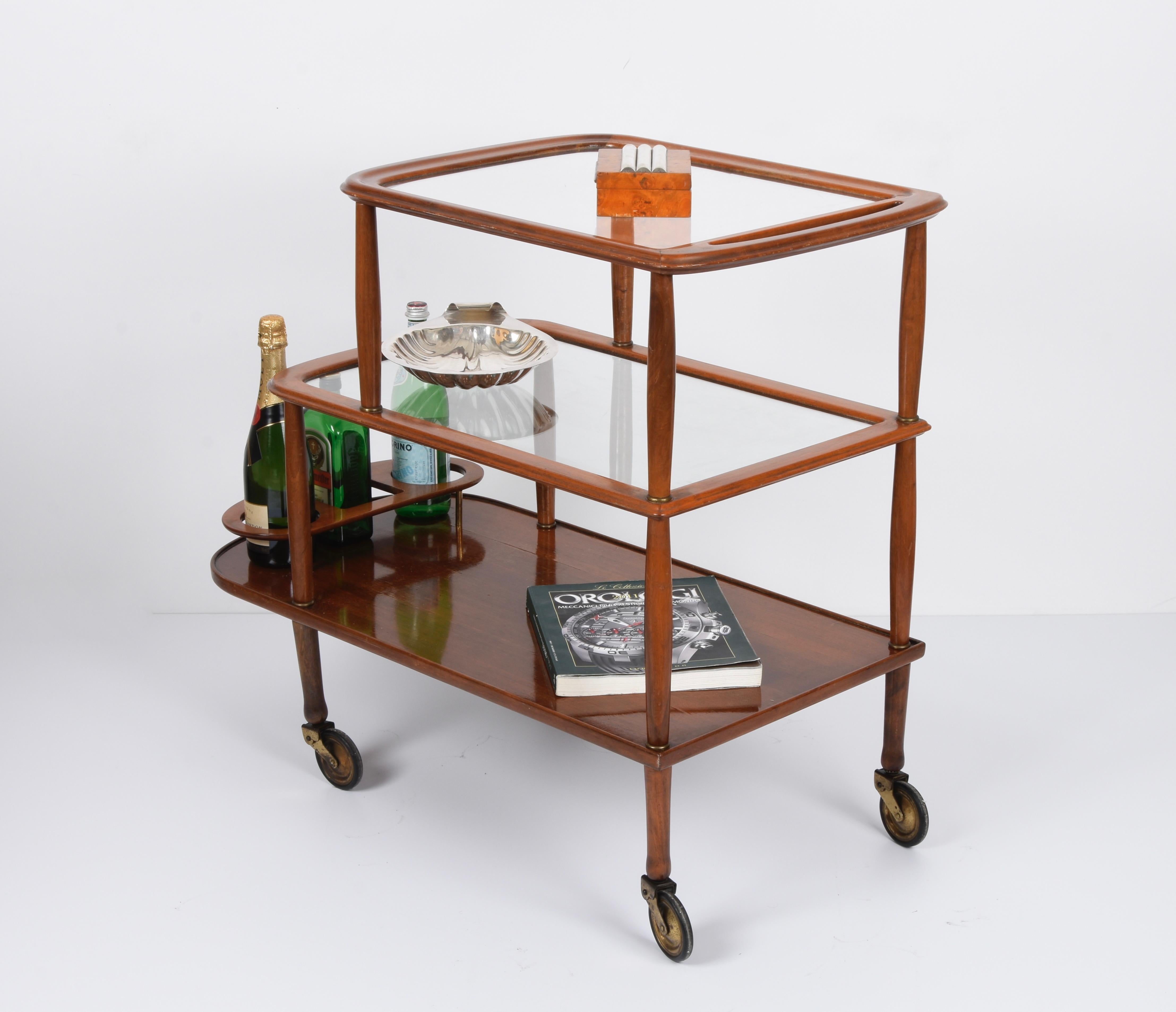Midcentury Walnut Wood and Glass Italian Bar Cart Attributed to Lacca, 1950s 11