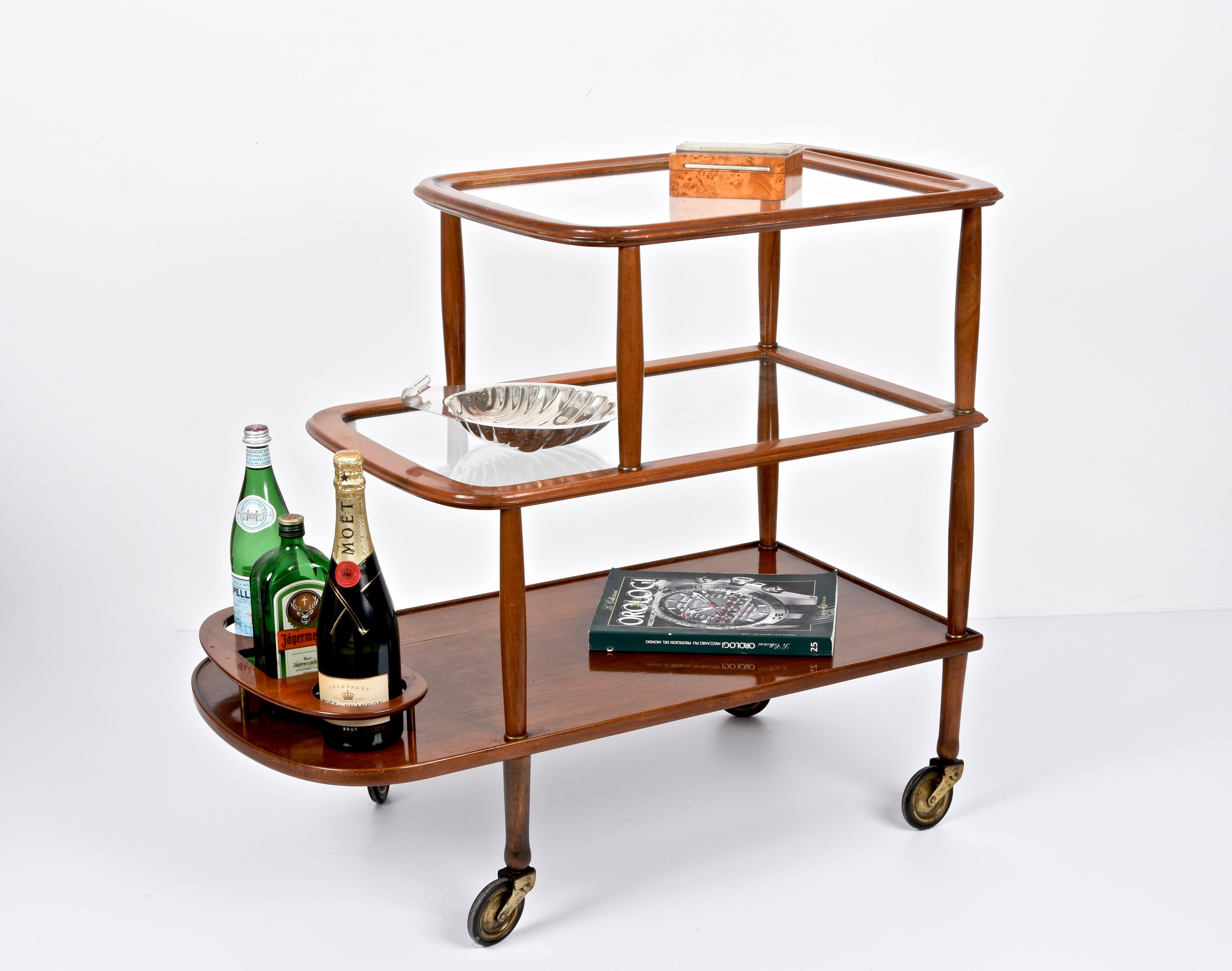 Midcentury Walnut Wood and Glass Italian Bar Cart Attributed to Lacca, 1950s 12
