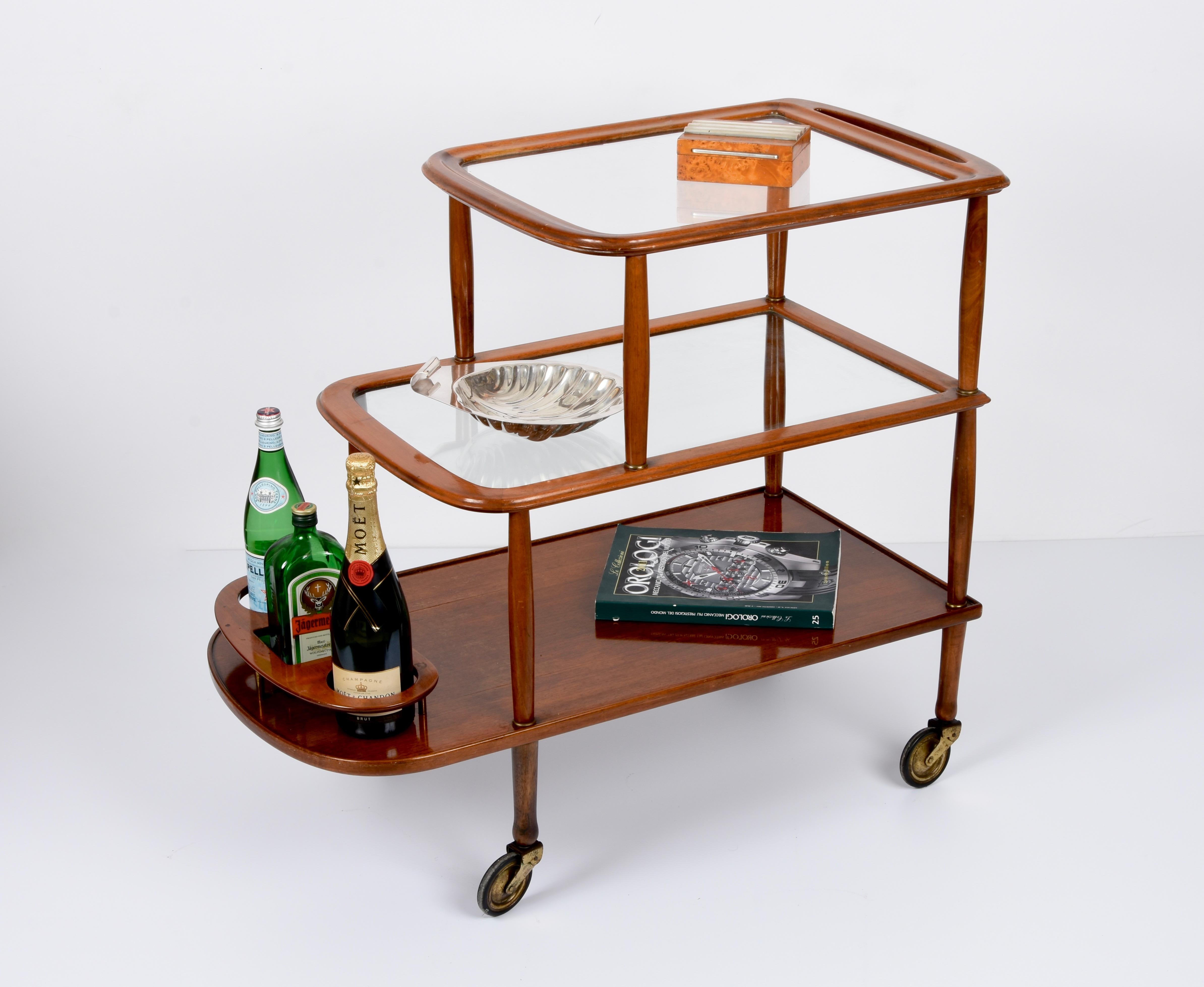 Midcentury Walnut Wood and Glass Italian Bar Cart Attributed to Lacca, 1950s 13