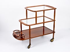 Midcentury Walnut Wood and Glass Italian Bar Cart Attributed to Lacca, 1950s