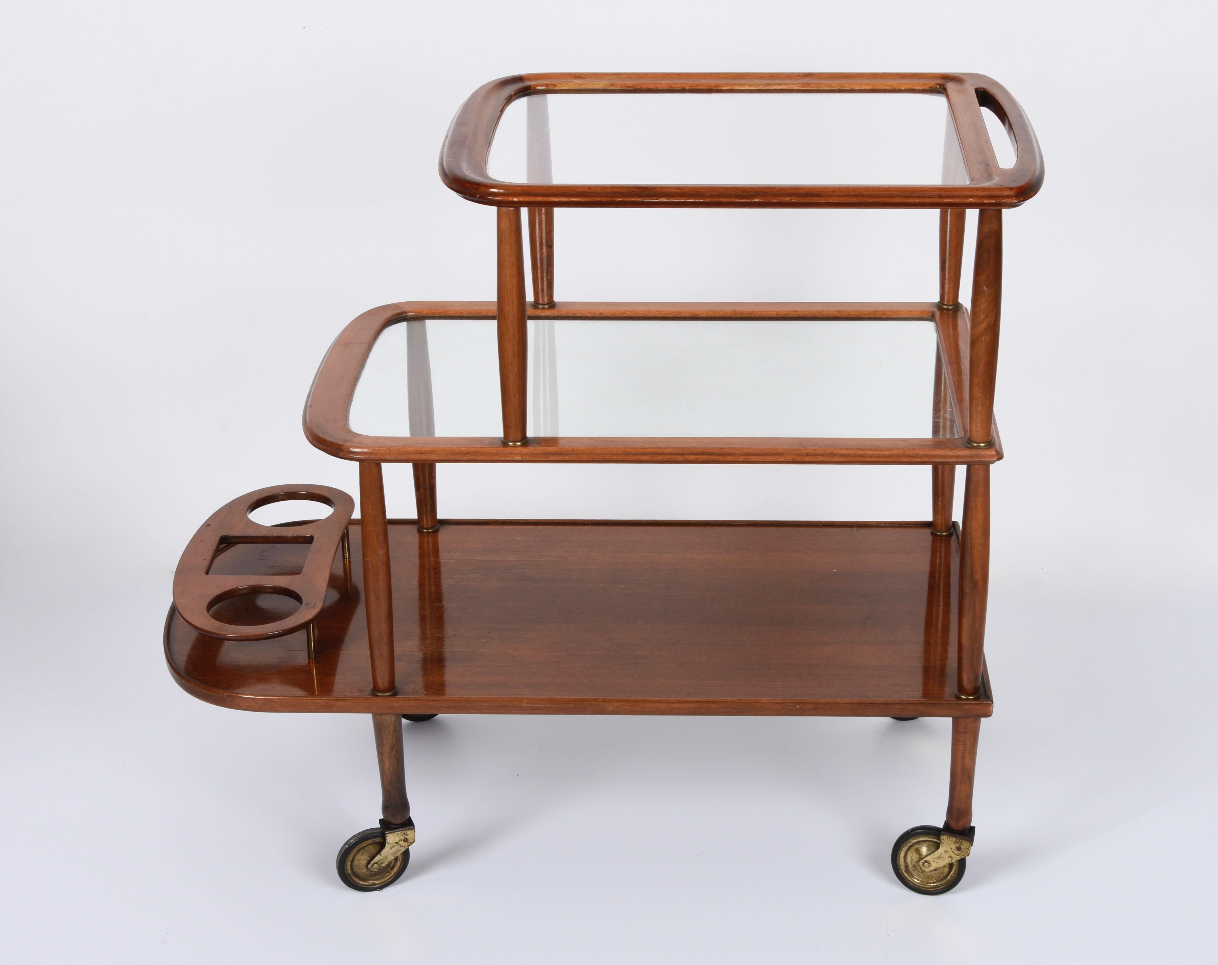 20th Century Midcentury Walnut Wood and Glass Italian Bar Cart Attributed to Lacca, 1950s