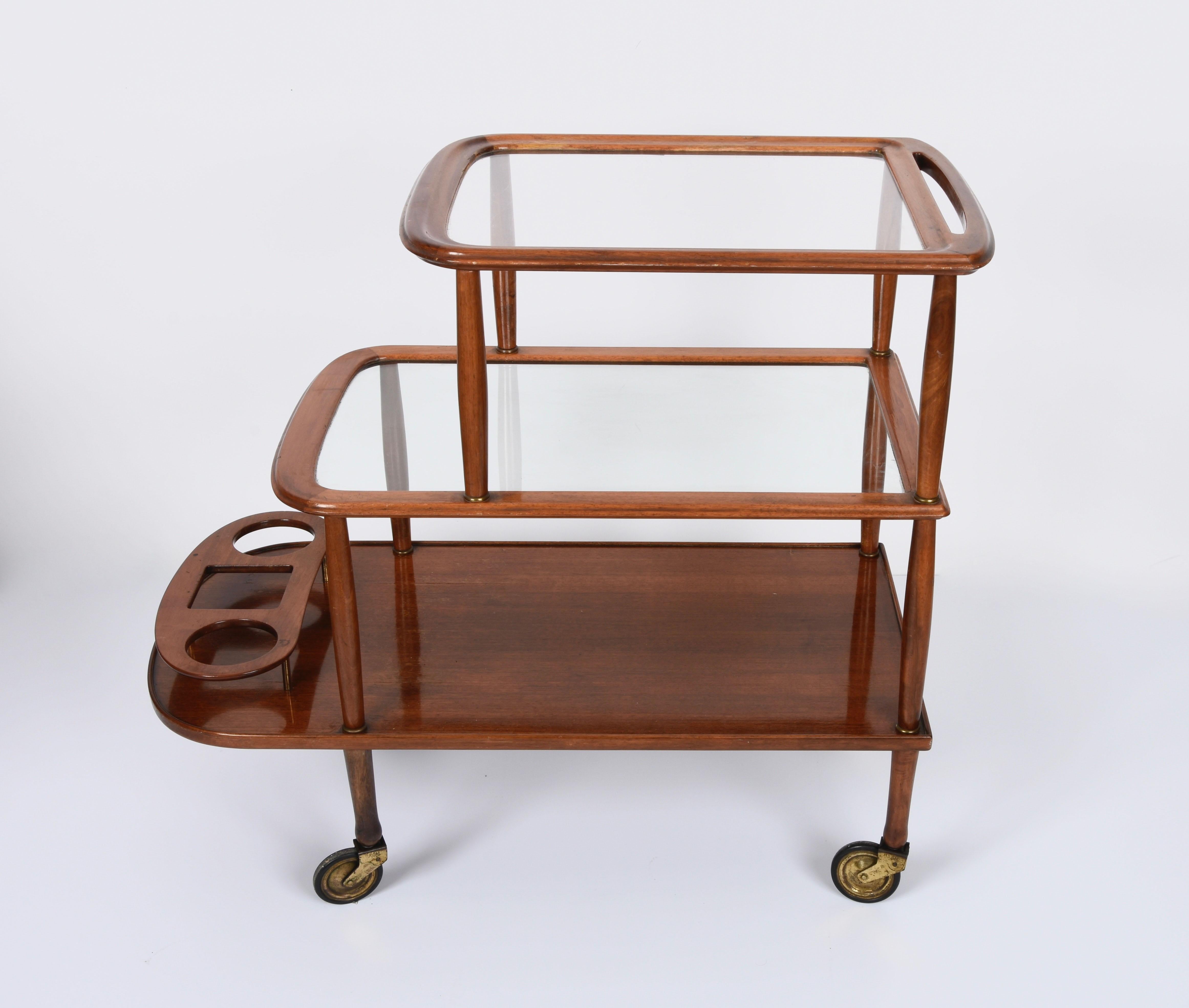 Midcentury Walnut Wood and Glass Italian Bar Cart Attributed to Lacca, 1950s 1