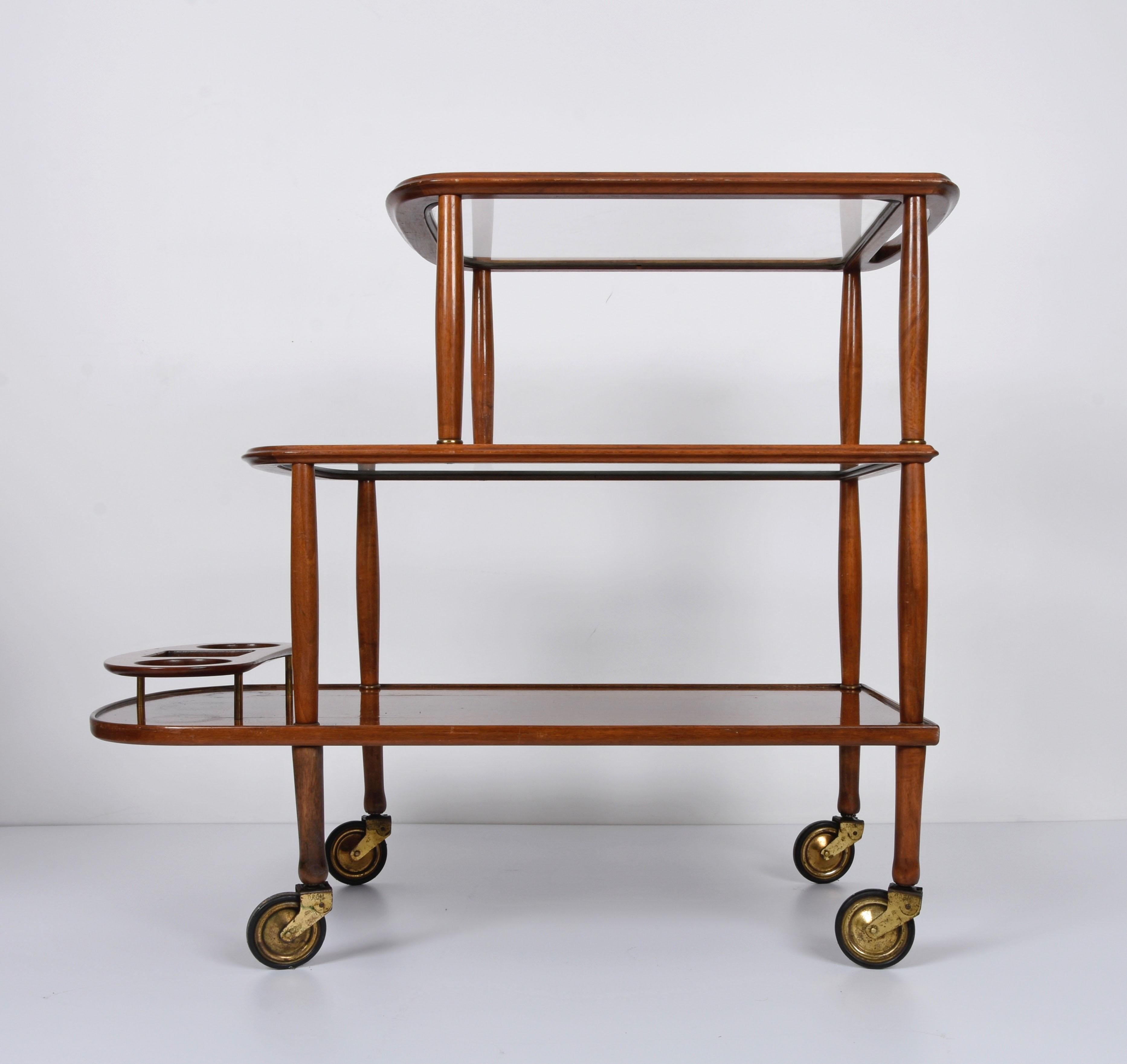 Midcentury Walnut Wood and Glass Italian Bar Cart Attributed to Lacca, 1950s 2