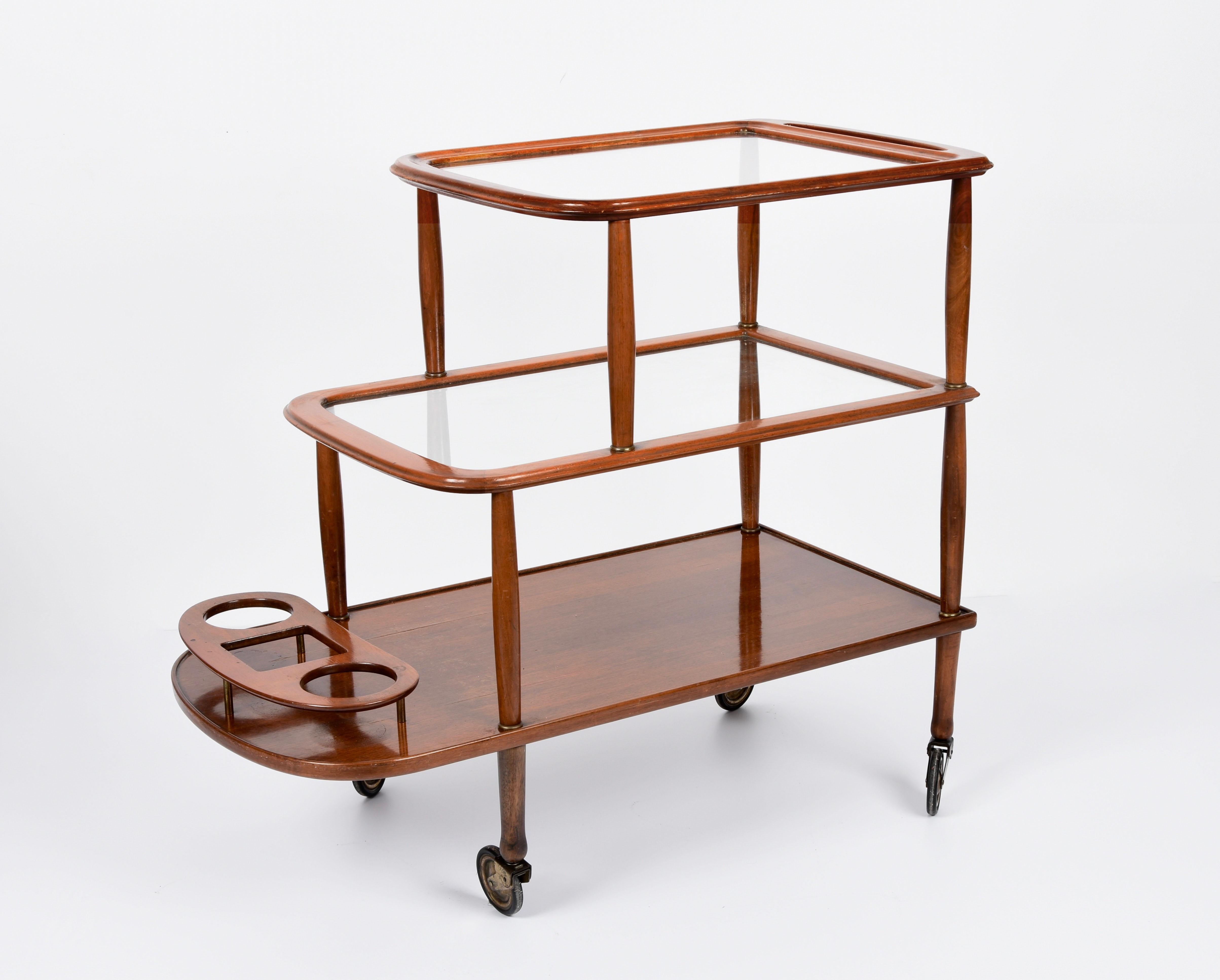 Midcentury Walnut Wood and Glass Italian Bar Cart Attributed to Lacca, 1950s 3
