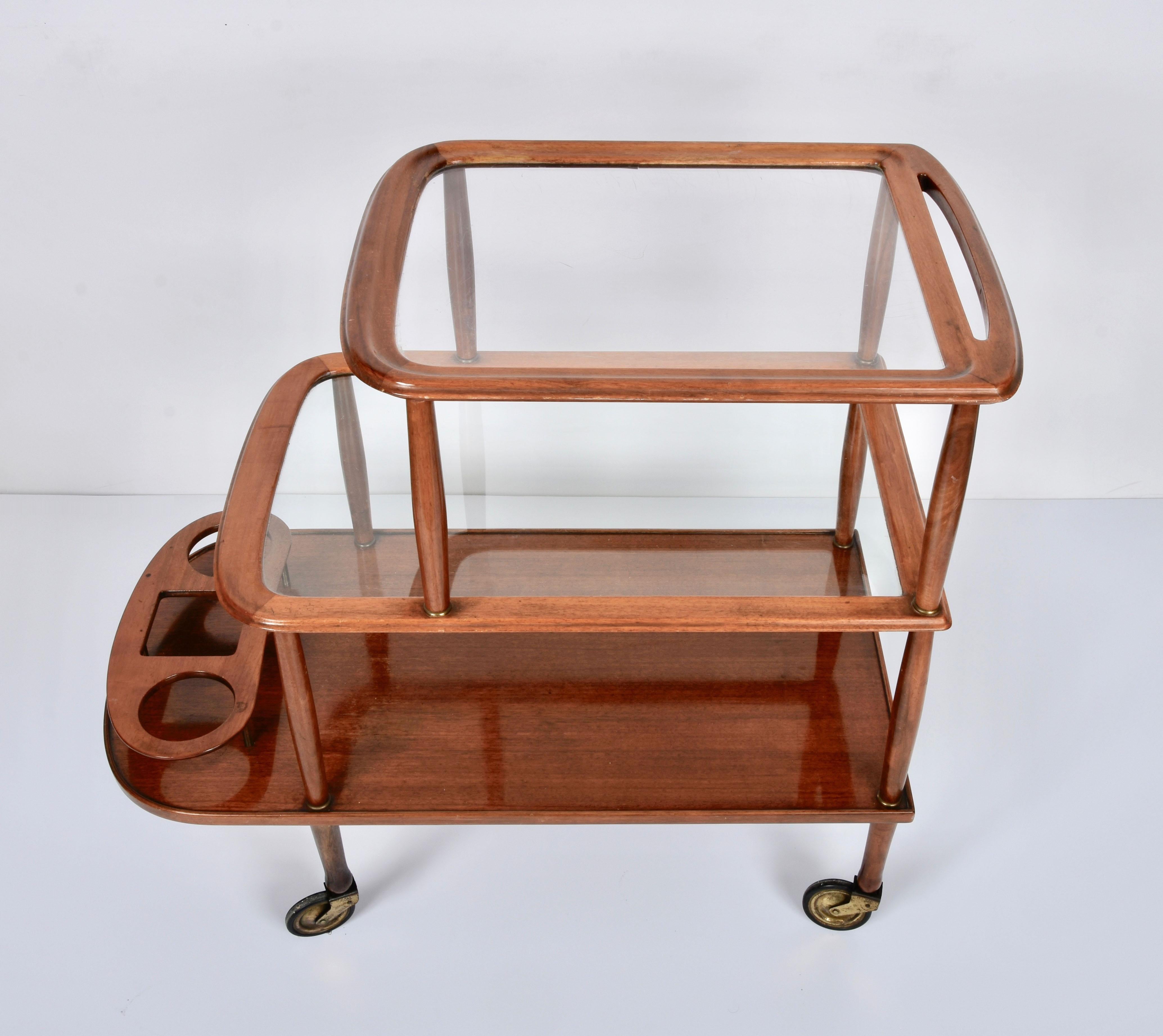 Midcentury Walnut Wood and Glass Italian Bar Cart Attributed to Lacca, 1950s 4