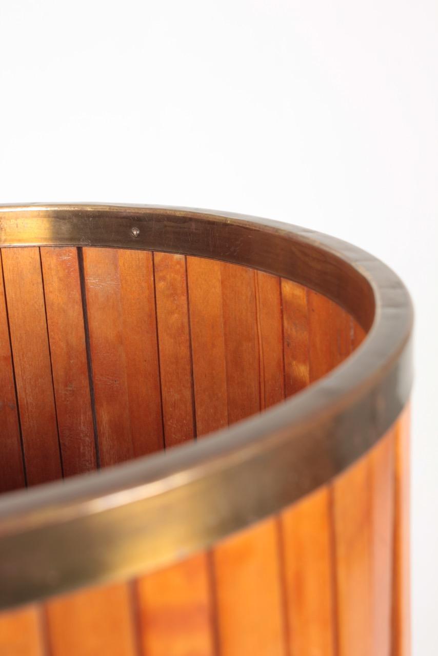 Leather Midcentury Waste Bin in Beech and Brass, Made in Denmark, 1950s