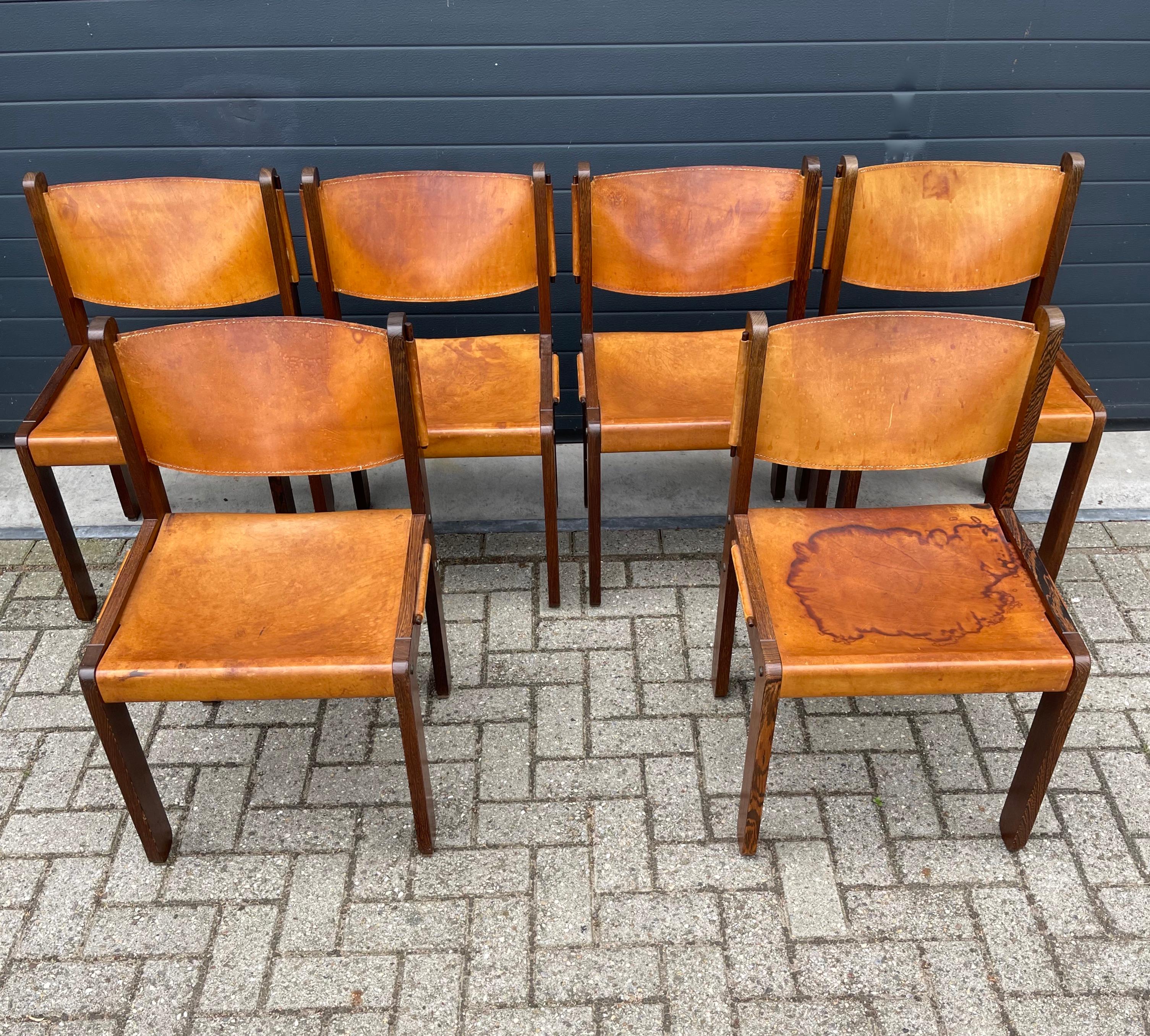 Dutch Stunning Midcentury Modern Wengé & Leather Dining Table Set with 6 Chairs, 1970s