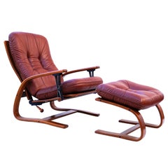 Midcentury Westnofa Leather Reclining Lounge Chair and Ottoman Ingmar Relling