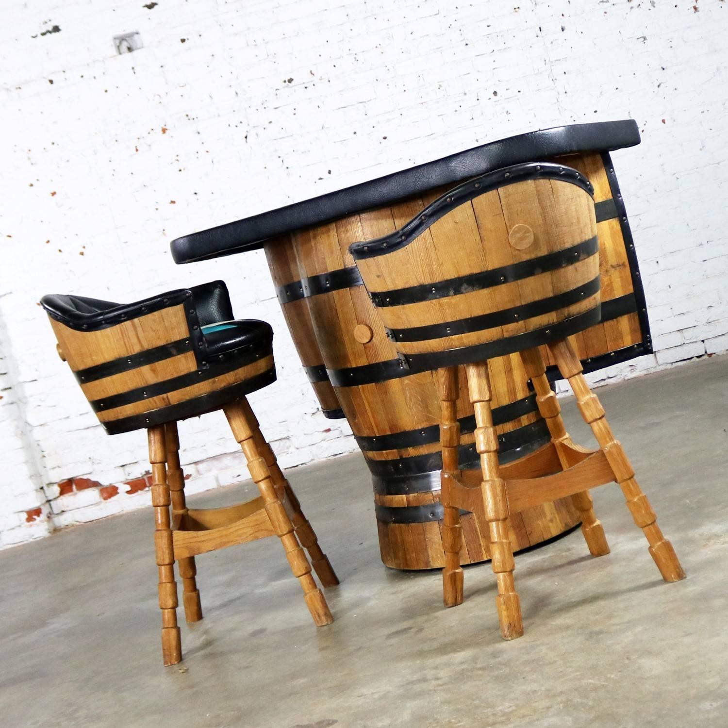 Steel Midcentury Whiskey Barrel Bar and Swivel Bar Stools by Brothers of Kentucky