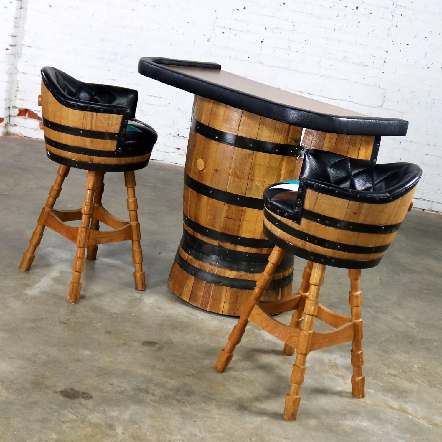 Midcentury Whiskey Barrel Bar and Swivel Bar Stools by Brothers of Kentucky 1