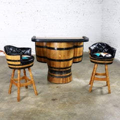 Midcentury Whiskey Barrel Bar and Swivel Bar Stools by Brothers of Kentucky