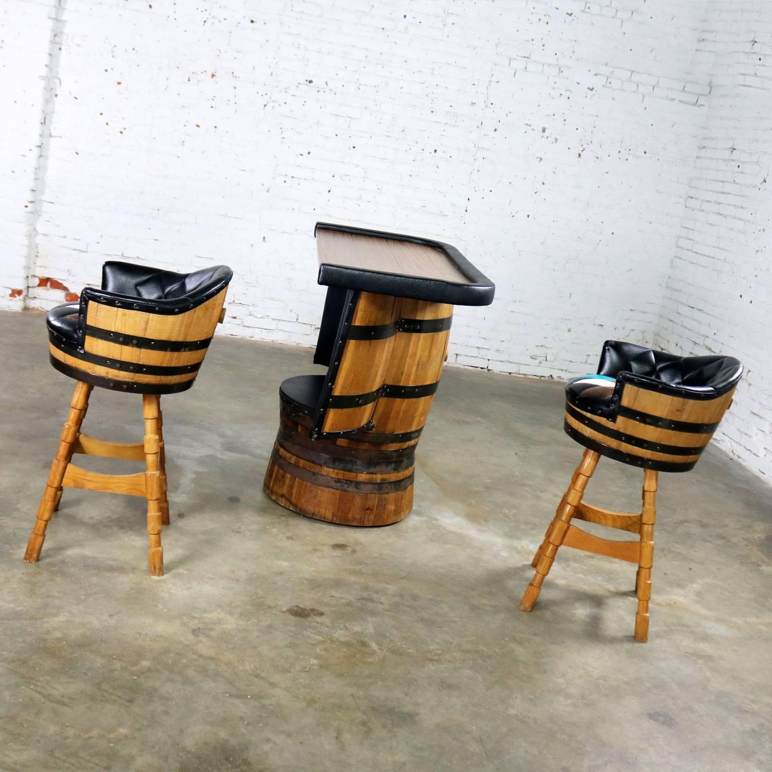 Mid-Century Modern Midcentury Whiskey Barrel Bar and Swivel Bar Stools by Brothers of Kentucky