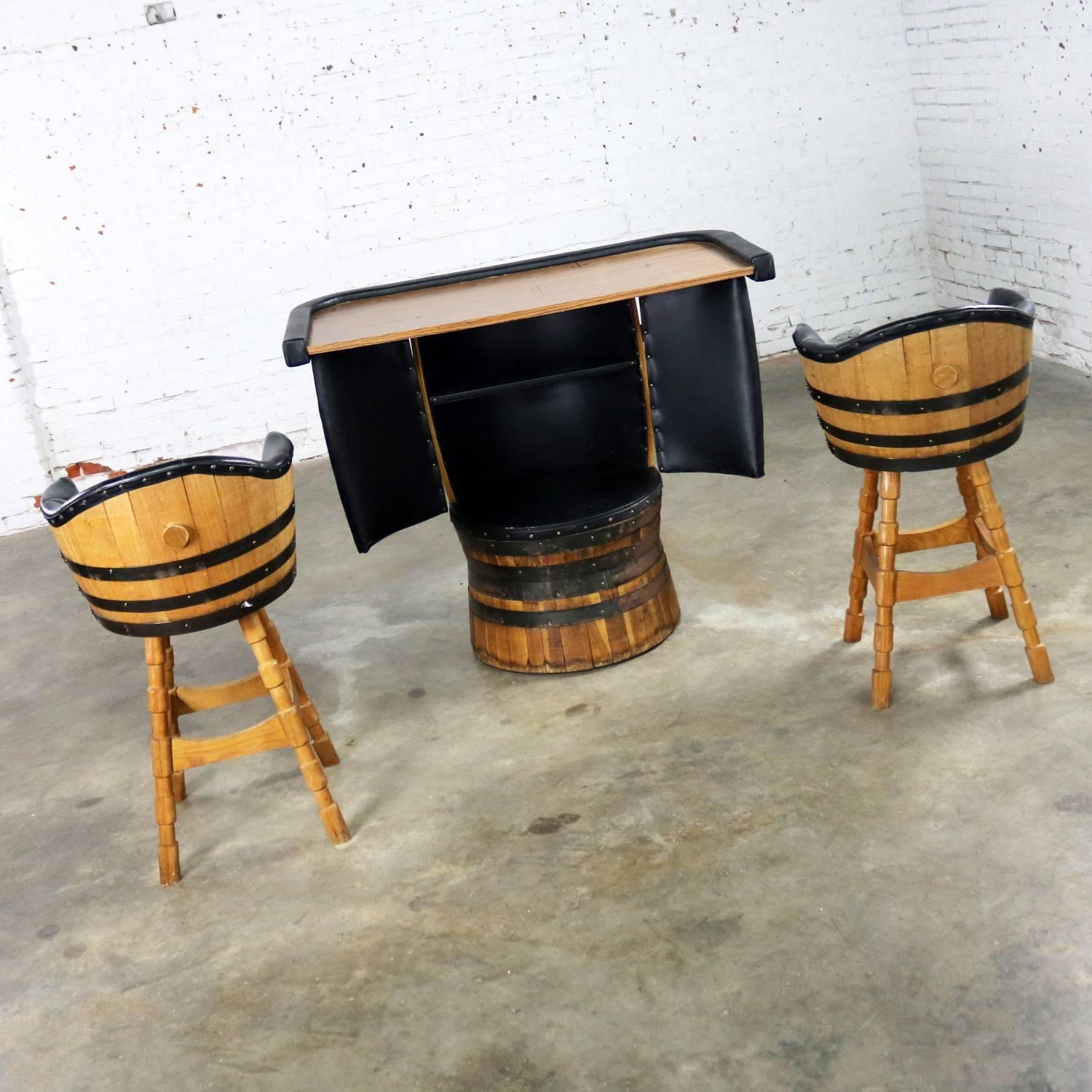 American Midcentury Whiskey Barrel Bar and Swivel Bar Stools by Brothers of Kentucky