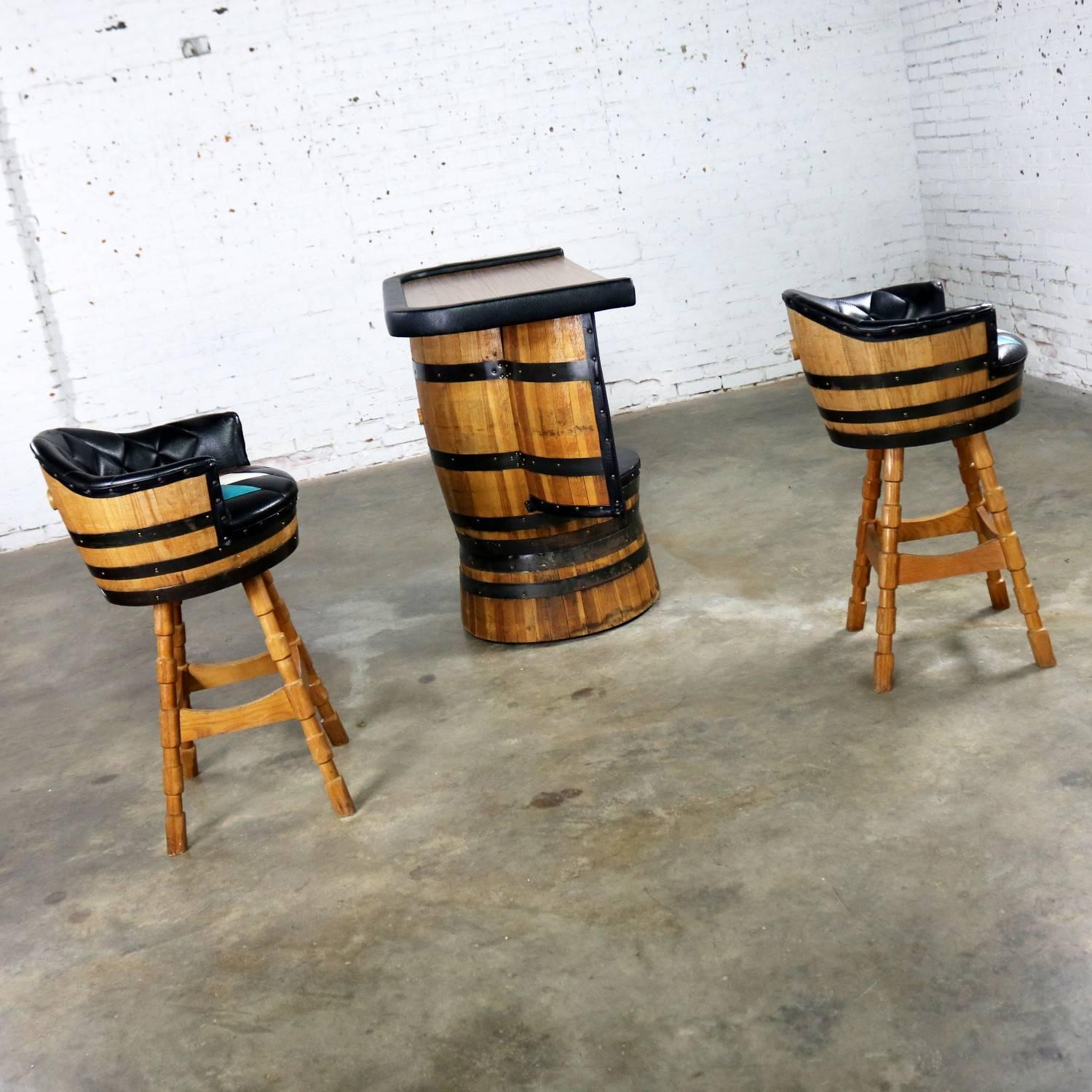 20th Century Midcentury Whiskey Barrel Bar and Swivel Bar Stools by Brothers of Kentucky
