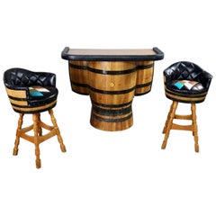 Midcentury Whiskey Barrel Bar and Swivel Bar Stools by Brothers of Kentucky