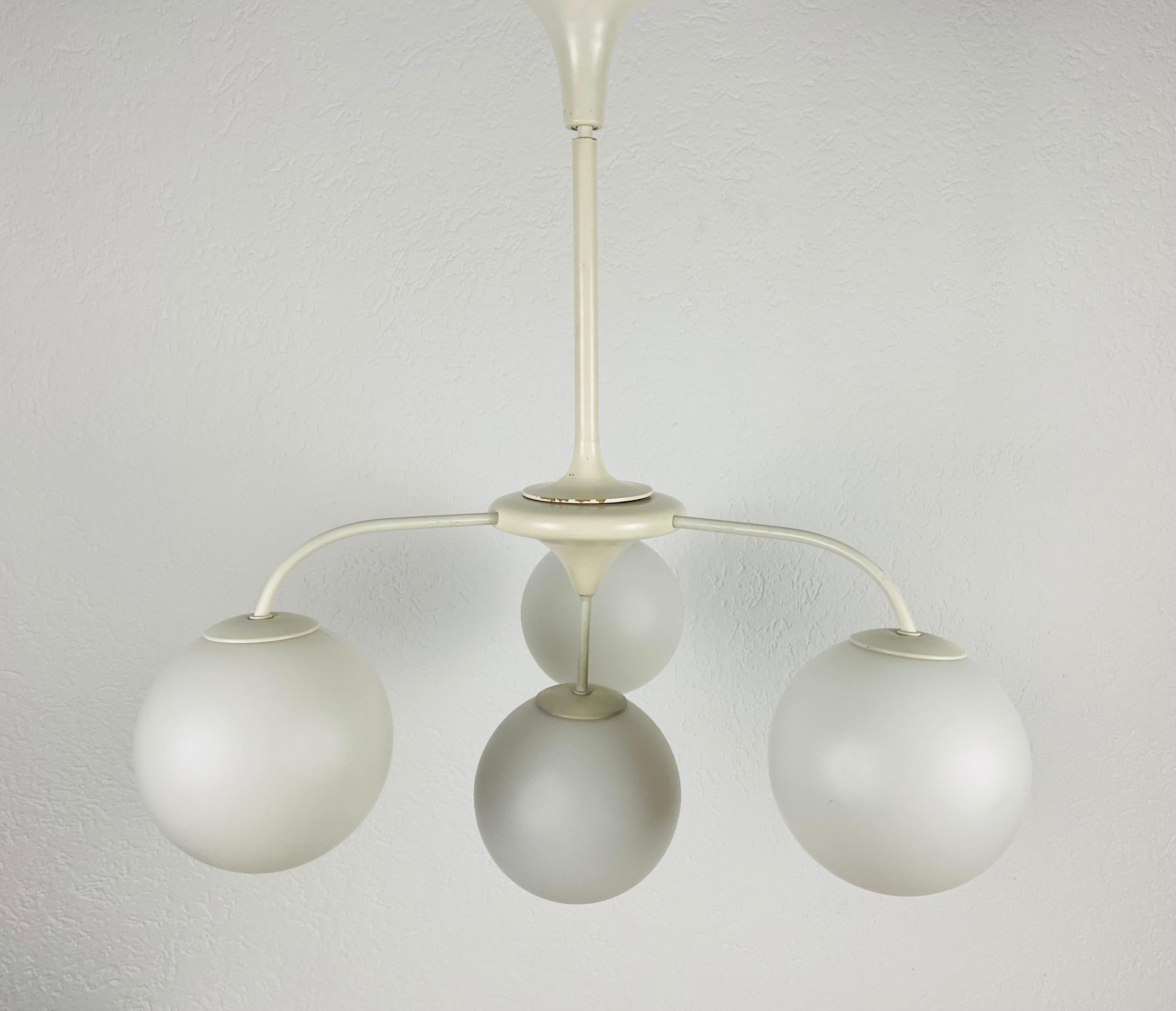 Midcentury White 4-Arm Space Age Chandelier by Max Bill for Temde 1960s 2