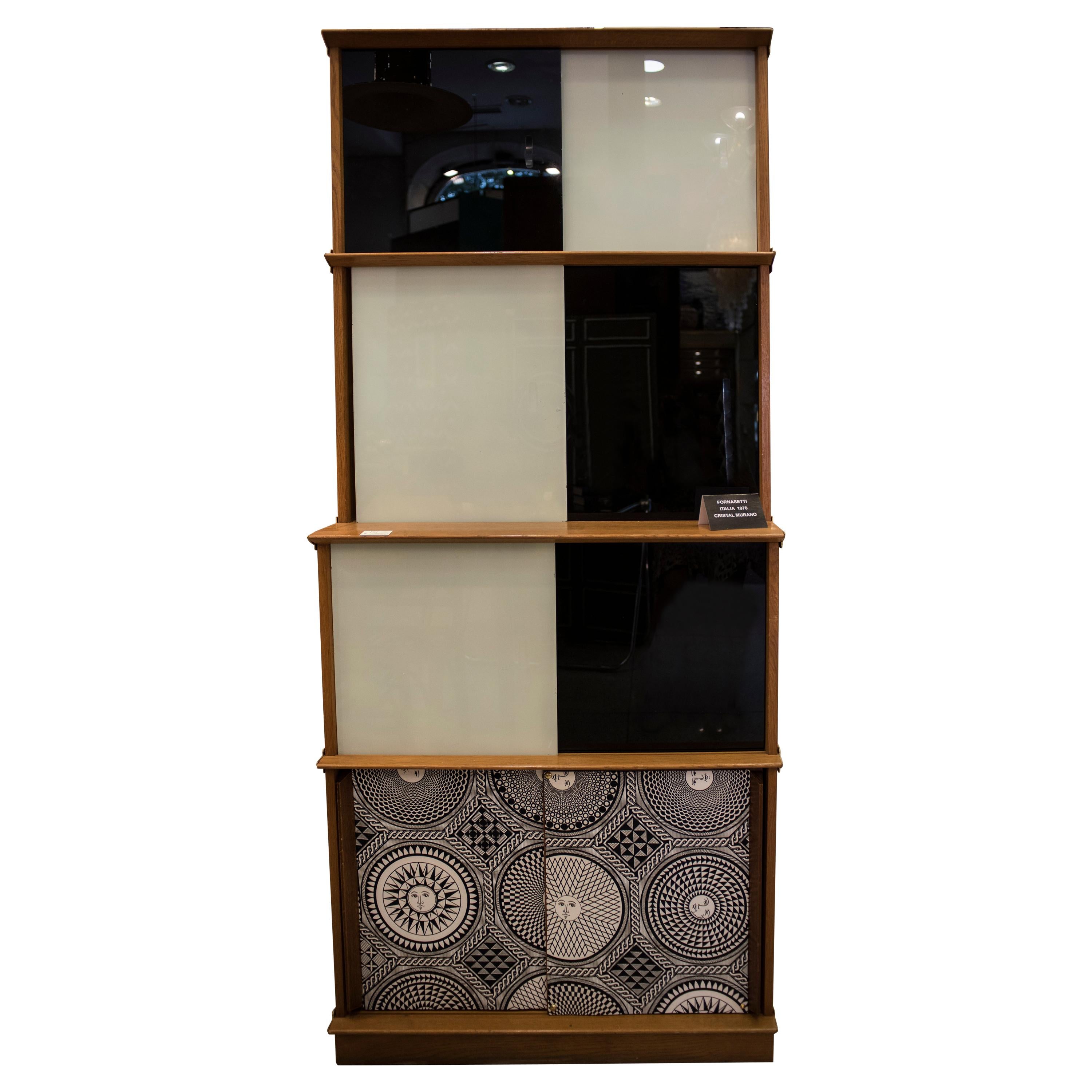 Midcentury White and Black Crystal and Upholstered Wood Fornasetti Cabinet, 1970