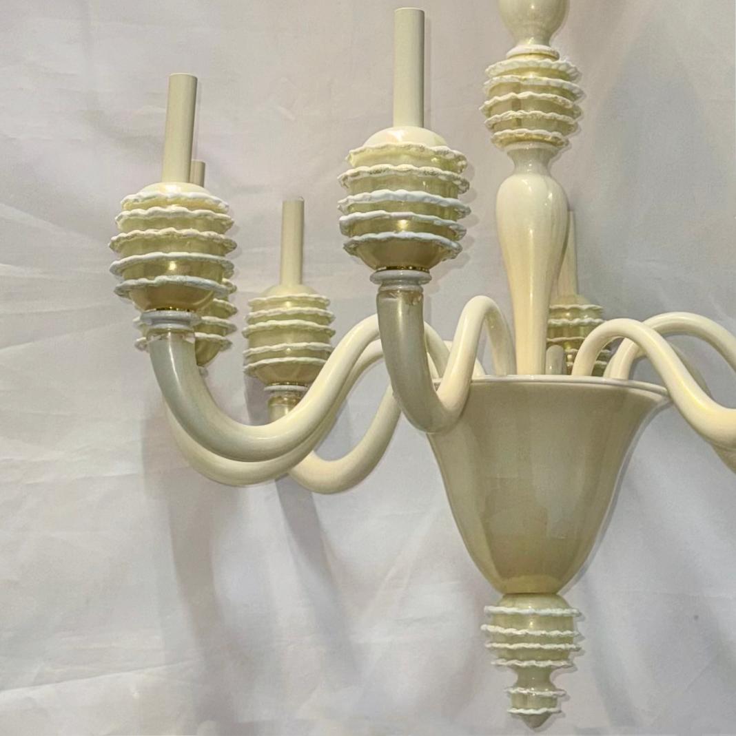Italian Midcentury White and Gold Glass Chandelier For Sale