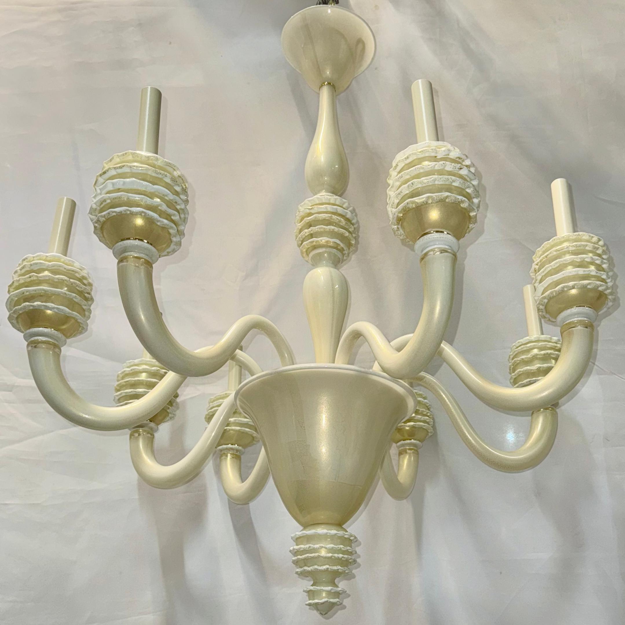Midcentury White and Gold Glass Chandelier In Good Condition For Sale In New York, NY