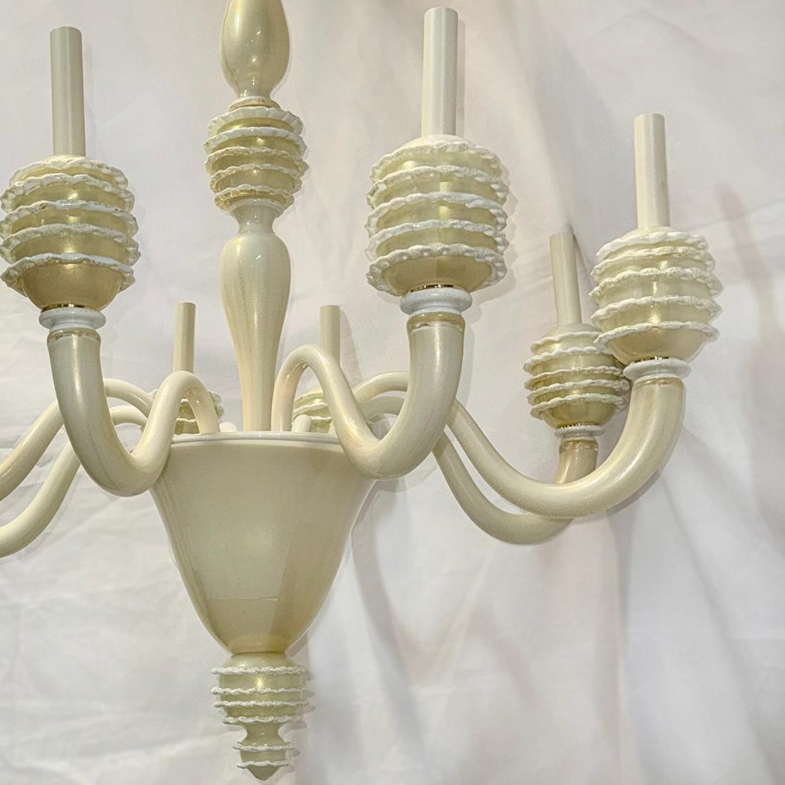 Mid-20th Century Midcentury White and Gold Glass Chandelier For Sale