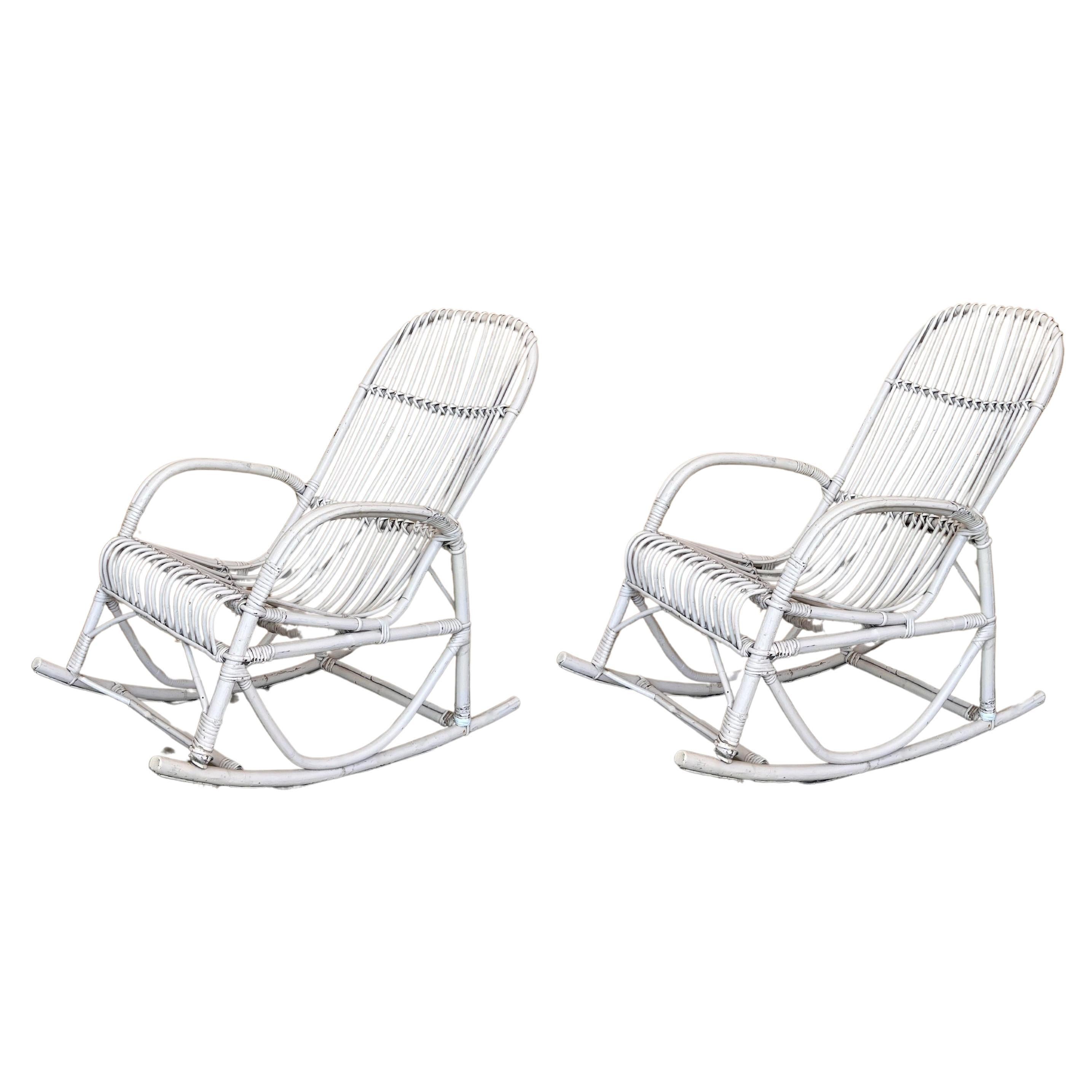 Midcentury White Bamboo Rocking Chairs in the Style of Franco Albini, Italy