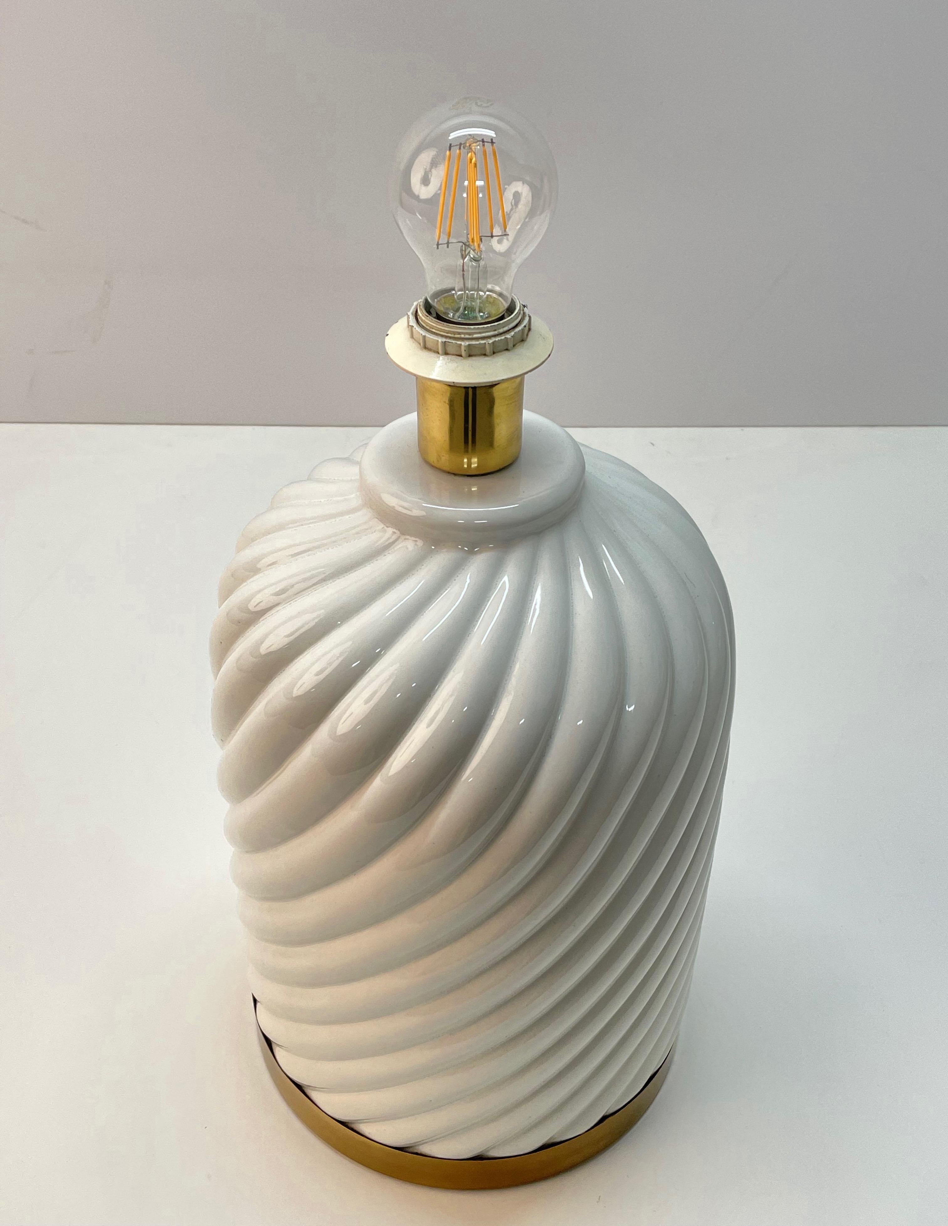 Midcentury White Ceramic and Brass Italian Table Lamp Tommaso Barbi Style, 1970s 4