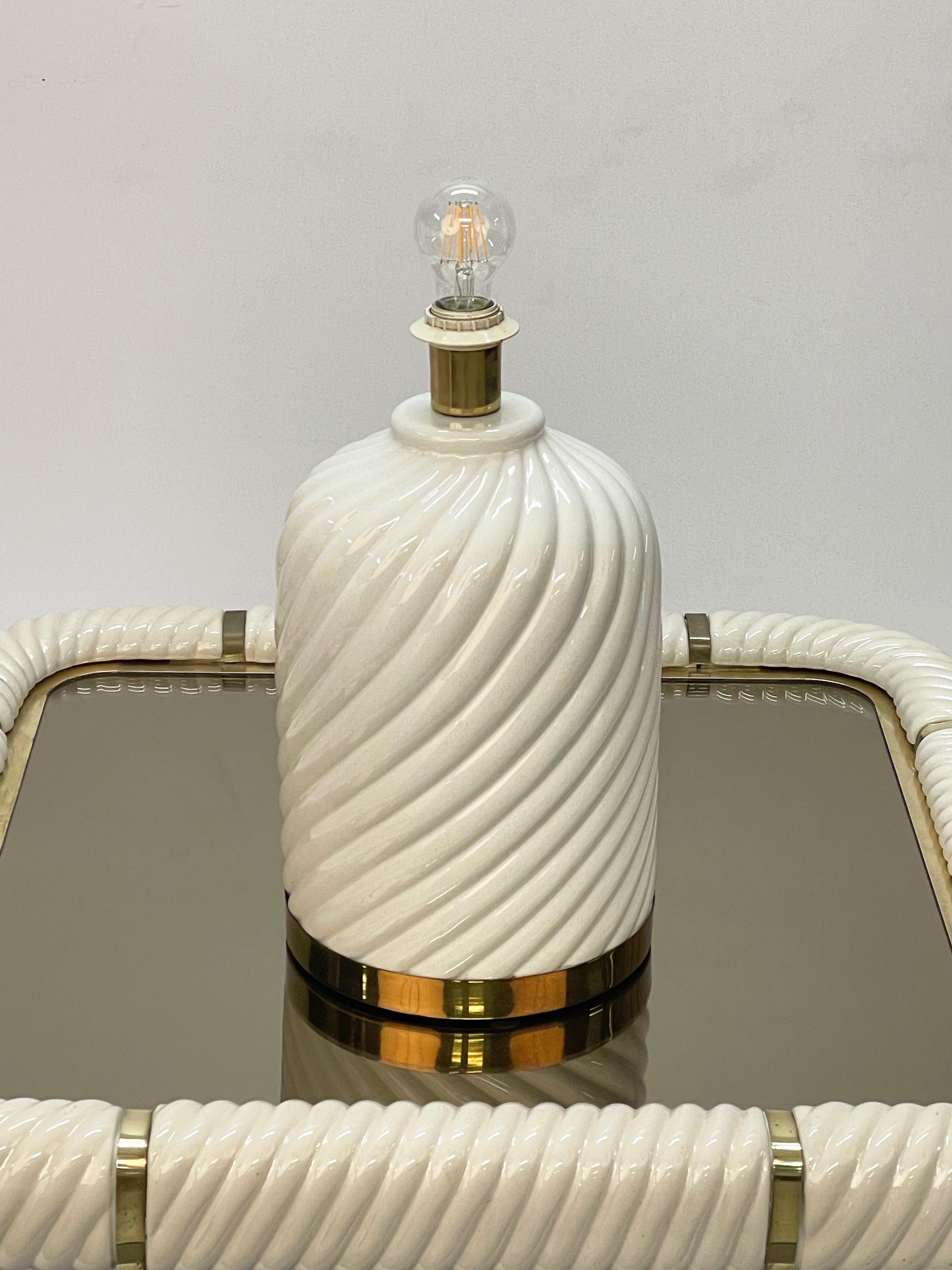 Midcentury White Ceramic and Brass Italian Table Lamp Tommaso Barbi Style, 1970s 8