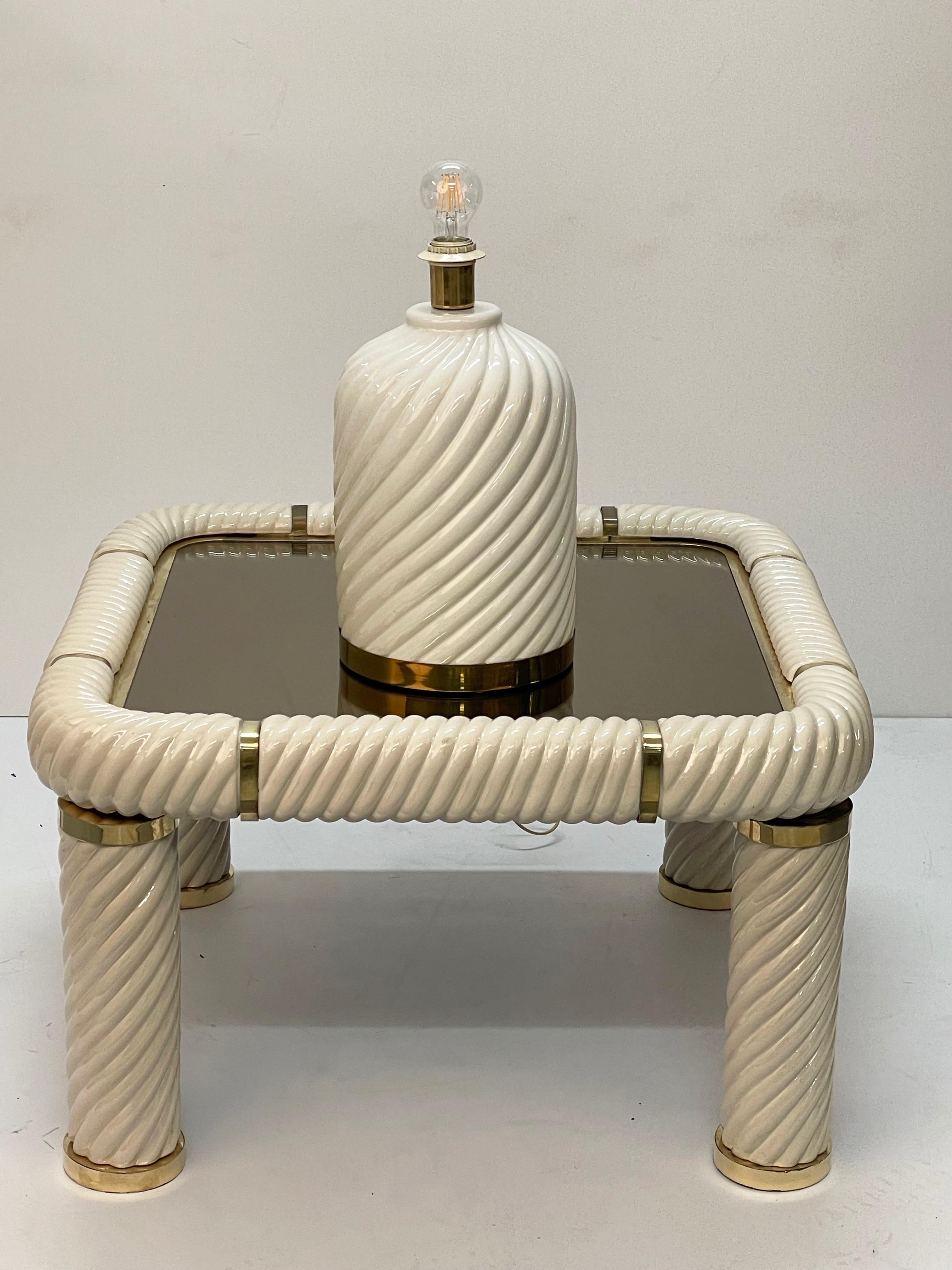 Midcentury White Ceramic and Brass Italian Table Lamp Tommaso Barbi Style, 1970s 9