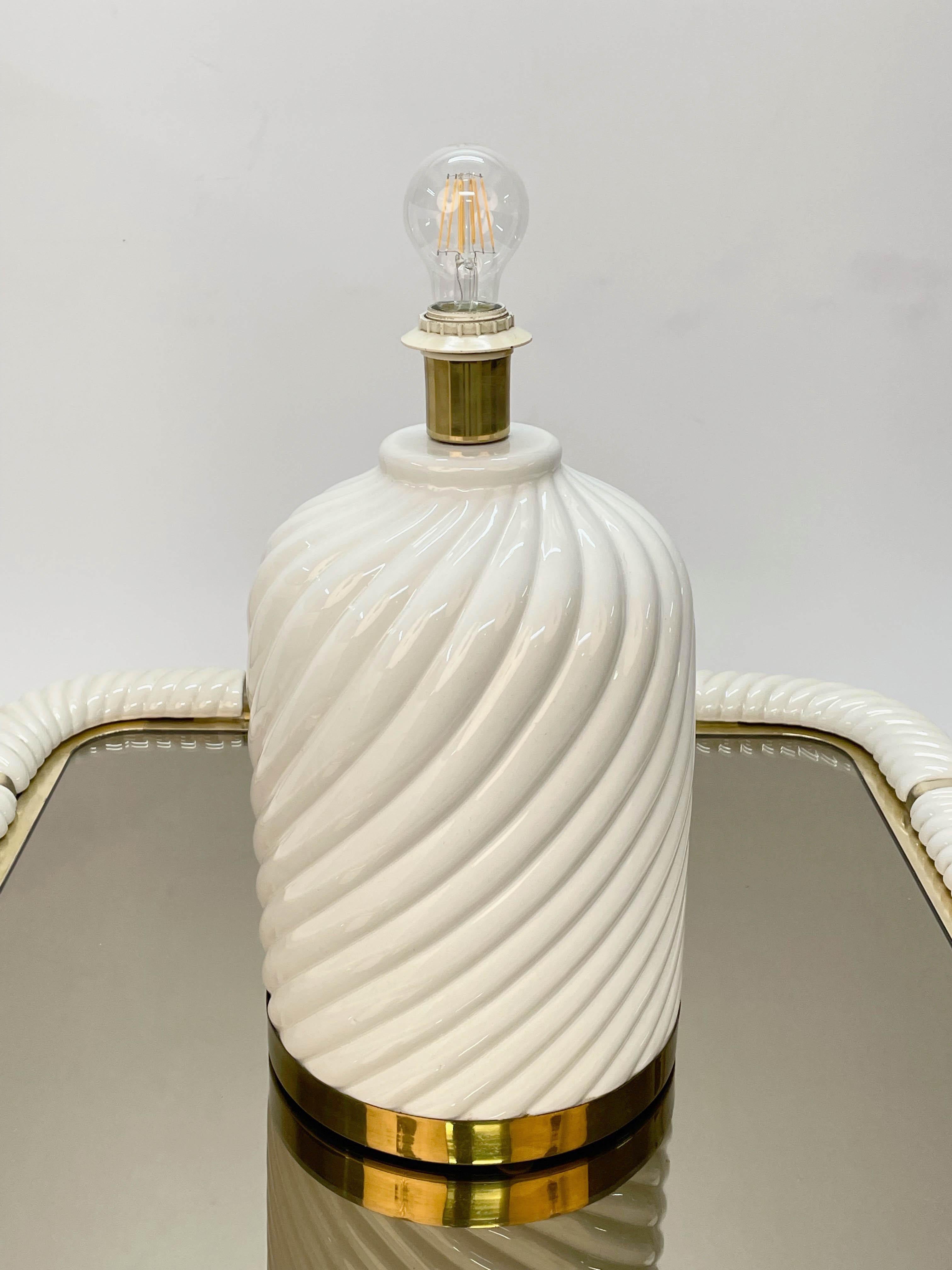Midcentury White Ceramic and Brass Italian Table Lamp Tommaso Barbi Style, 1970s 10